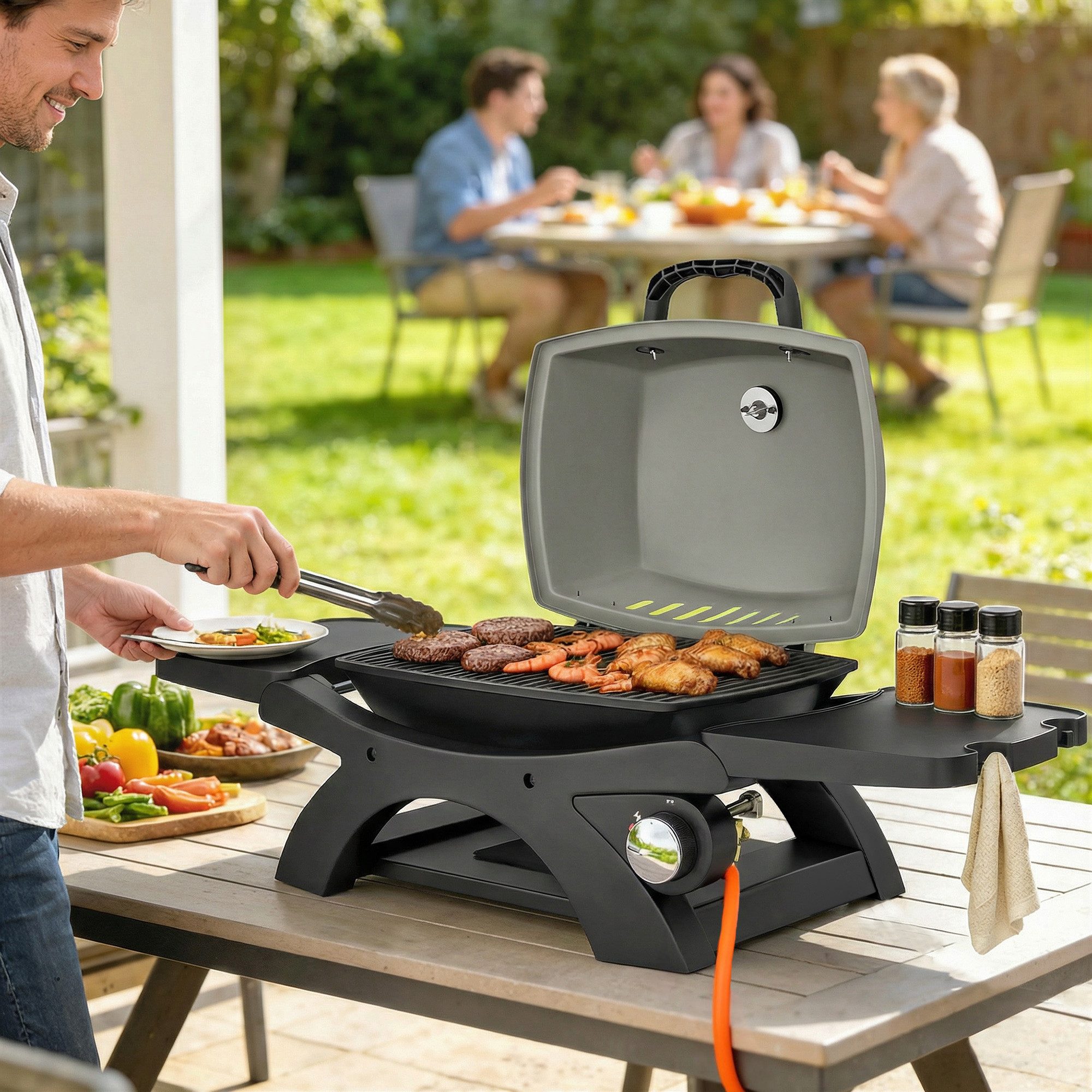 Novzep Gasgrill Gasgrill Tischgrill mit 1 Brenner klappbar Seitentischen Grillroste, herausnehmbar Fettauffangschale