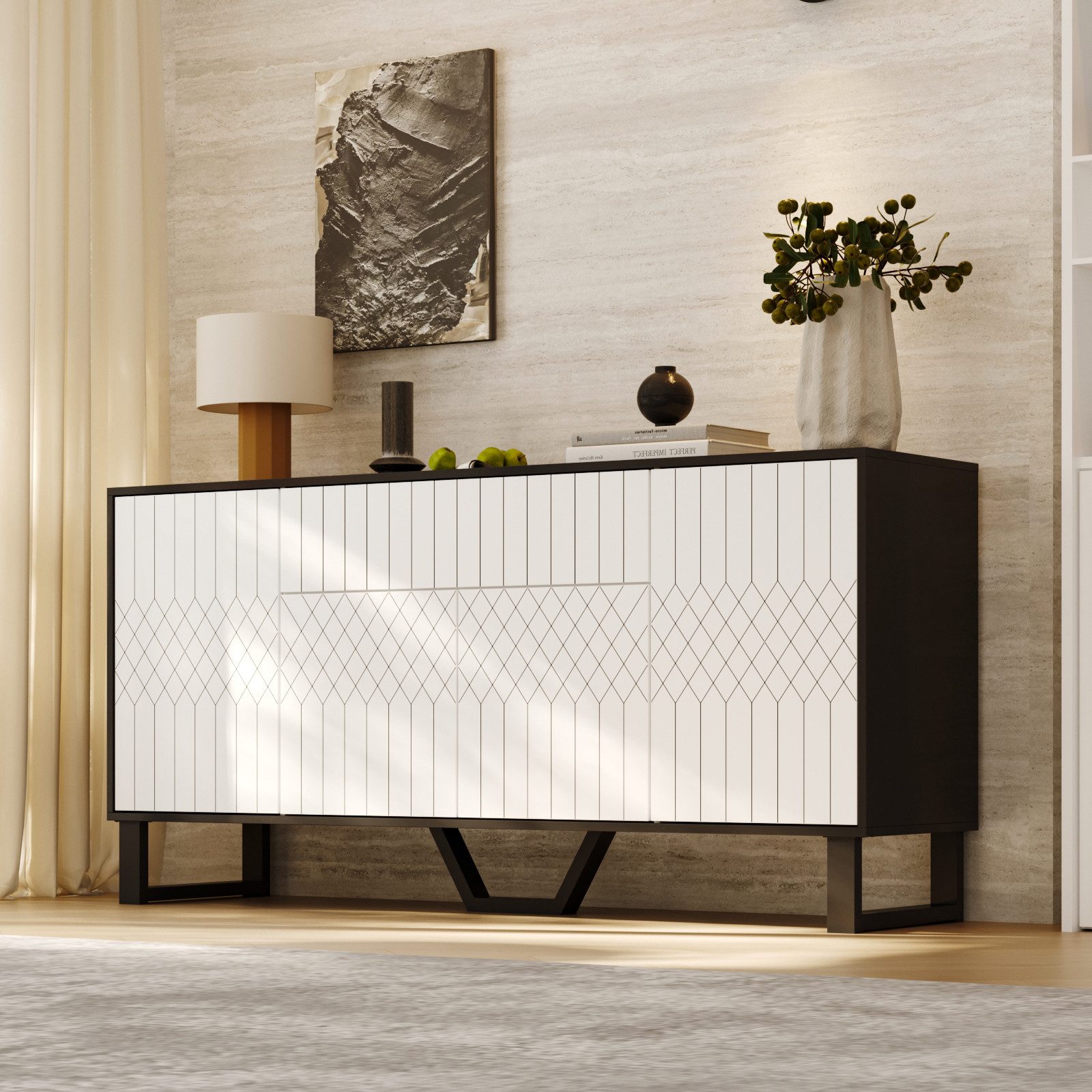 HOMSEE Sideboard mit 1 Schublade und 4 Türen – Modernes Schwarz-Weiß Design (1 St), 160x40x77,5 cm, Stauraumschrank für Küche, Flur & Wohnzimmer
