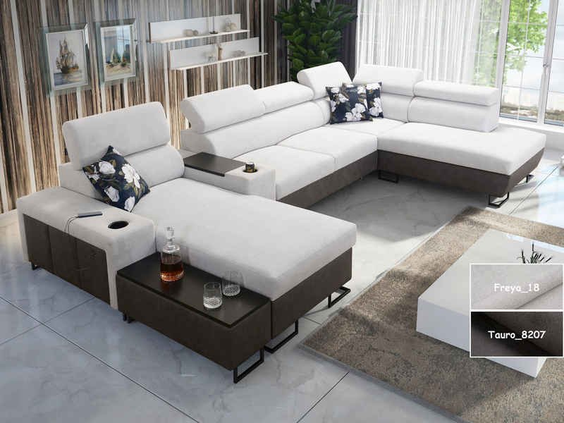 Möbel für Dich Wohnlandschaft in U-Form Melody V, mit Ablagetisch, Barfach, USB, Becherhalter, Bettfunktion, Bettkasten
