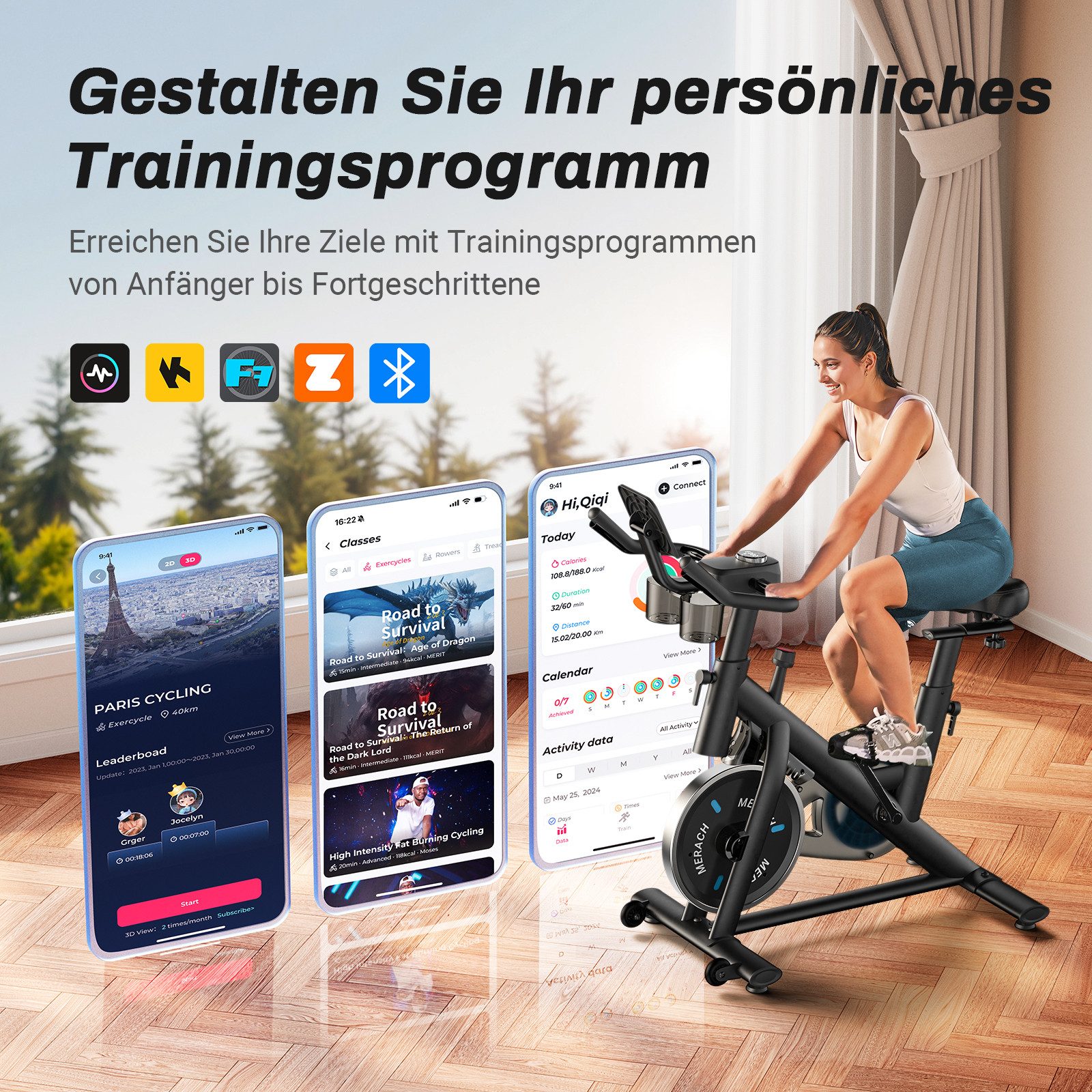MERACH Heimtrainer Fahhrad für Zuhause, leises Fitnessbike mit Tablet-Halter (Fahrradtrainer mit LED-Monitor, Bluetooth und App-Funktion, 1-tlg., Stationäres Fahrrad mit verstellbare Sitz, Wasserflasche-Halter), bequemer und leiser, Verstellbarer Widerstand, bis 136 KG belastbar