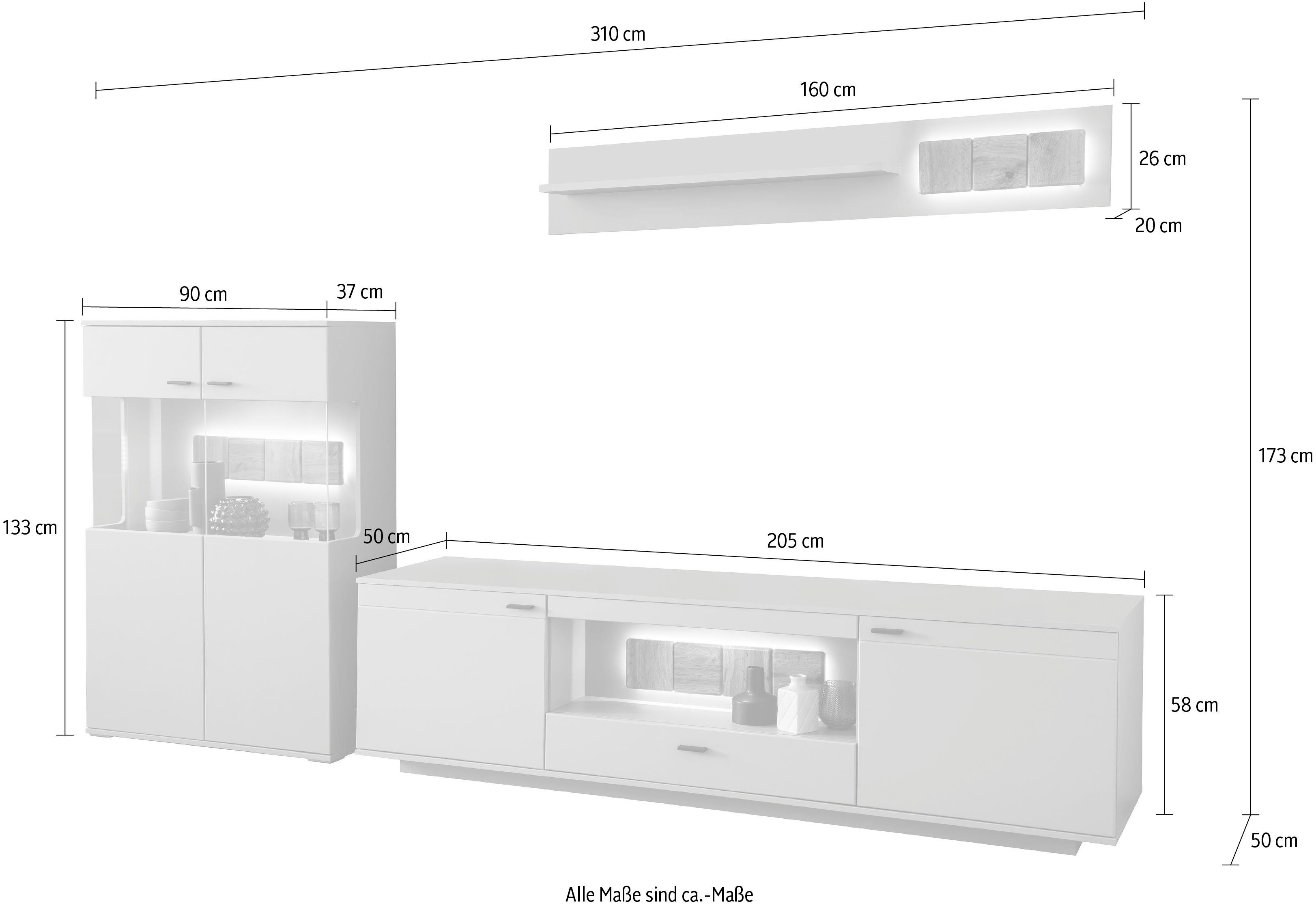 Grau, Wohnwandkombination MCA Beleuchtung Wohnwand moderne mit (3-St), furniture Zadar, Arktis wahlweise in