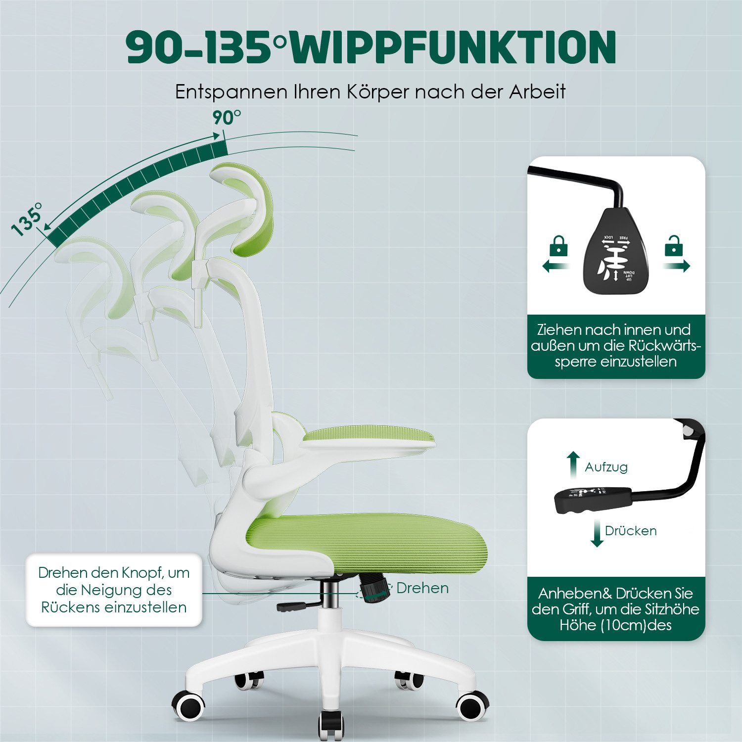 Fukstern Bürostuhl Ergonomischer Bürostuhl mit 90° klappbaren Armlehnen (Verstellbare Kopfstütze, atmungsaktiver Mesh-Bezug, Rücken- und Taillenstütze, Neigung  – Bild 3 von 5