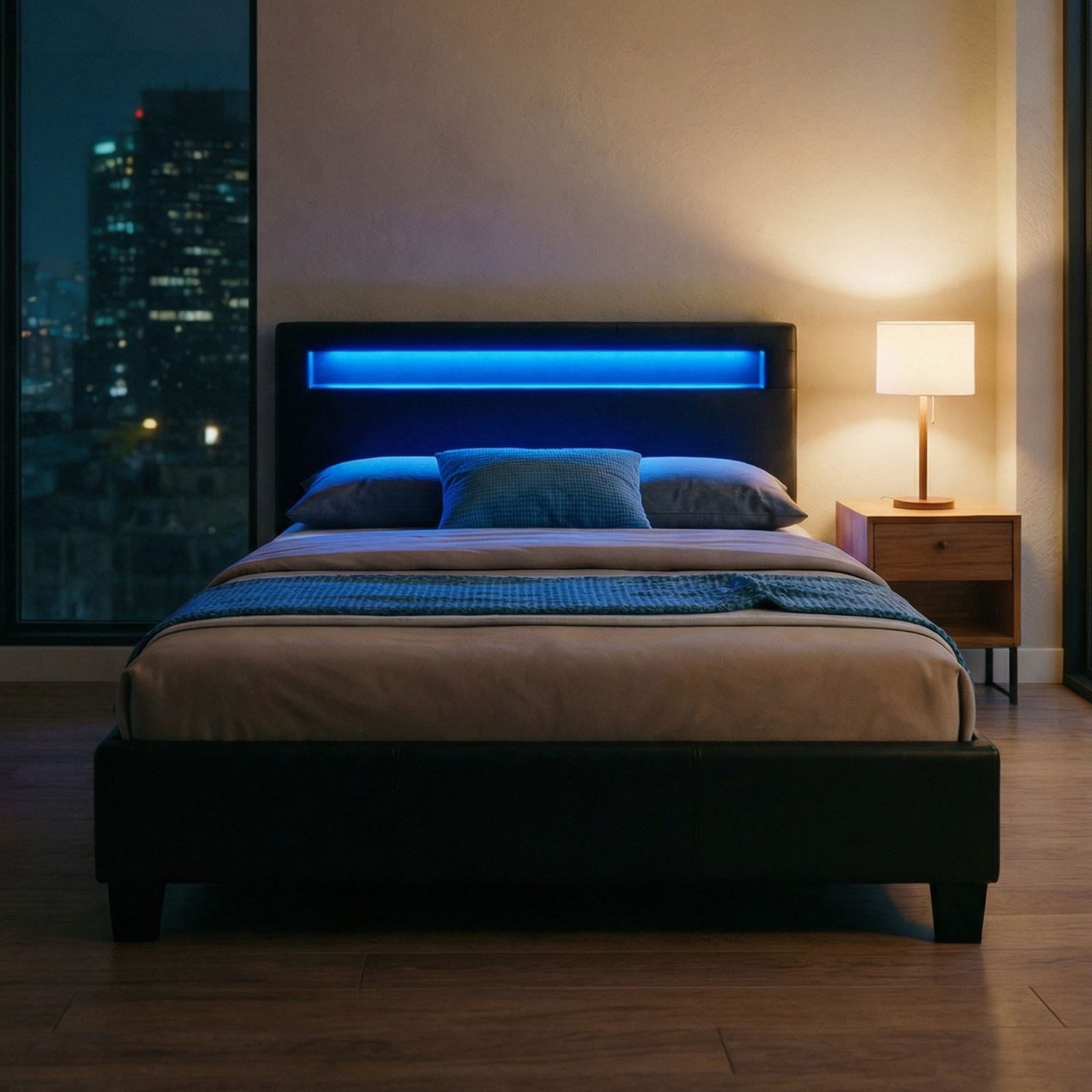 CARO-Möbel Polsterbett MIRASOL, Einzelbett 120x200cm Lattenrost & LED Beleuchtung Kunstleder Schwarz