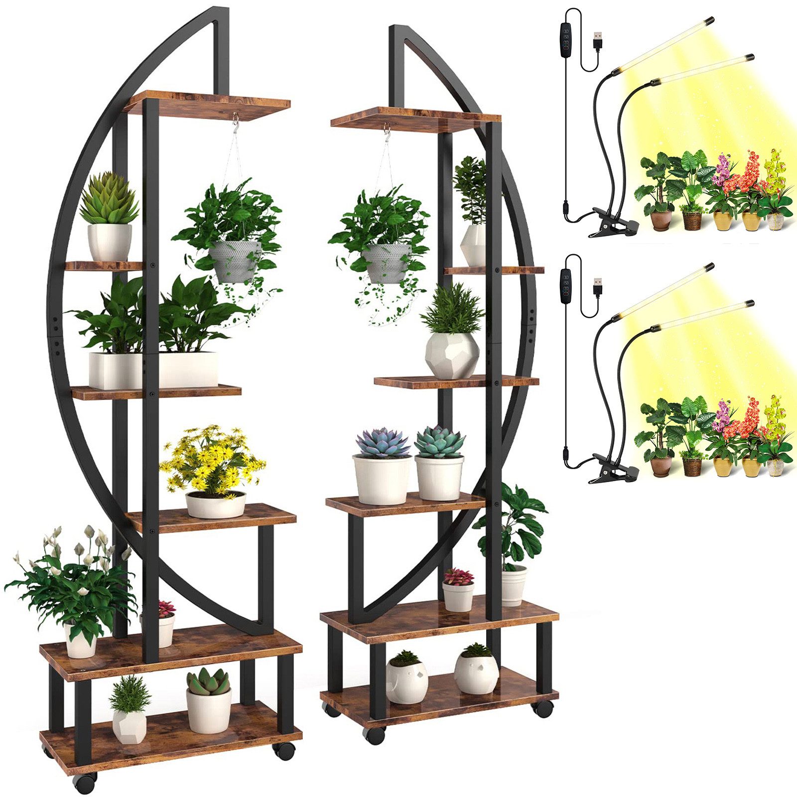 Rosnek Pflanzentreppe Blumenständer mit 6 Etagen, Metall, mit Licht, Halbmondform, 2er-Set, Mehrzweck-Pflanzenständer für Heimdekoration, Balkon, Terrasse, Garten