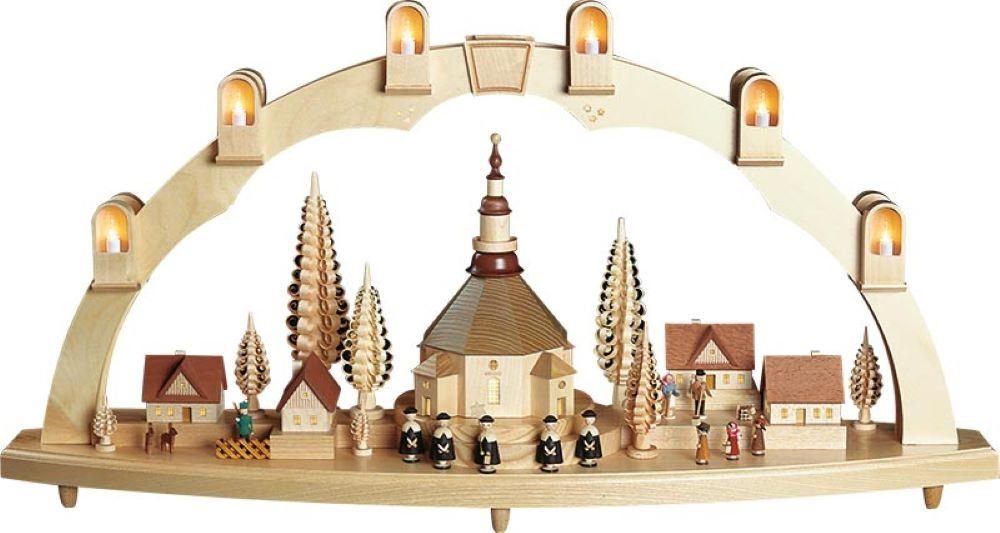 Richard Glaesser Schwibbogen Lichterbogen Seiffener Kirche mit Dorf, elektrisch beleuchtet, Handwerkskunst original Erzgebirge