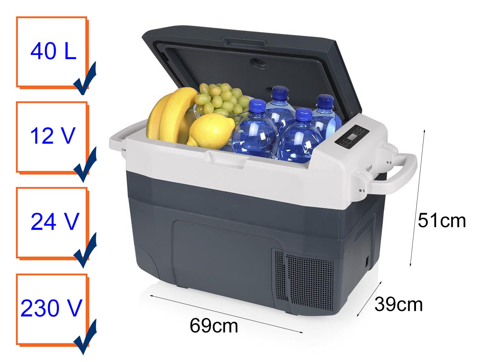 Tristar Elektrische Kühlbox, 40 l, mit Strom große Kompressor Elektro Auto Box 12/24/220-240Volt Camping