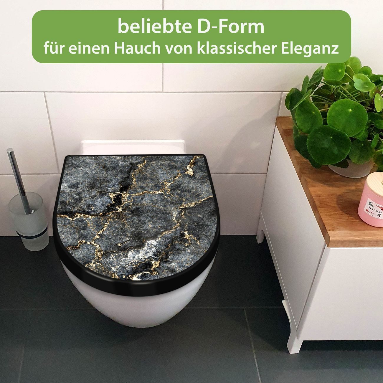 banjado WC-Sitz Premium D-Form mit Absenkautomatik Motiv grauer Marmor mit Gold 2 (umweltfreundliches Material, Softclose Absenkautomatik), 45 x 36,4 x 4