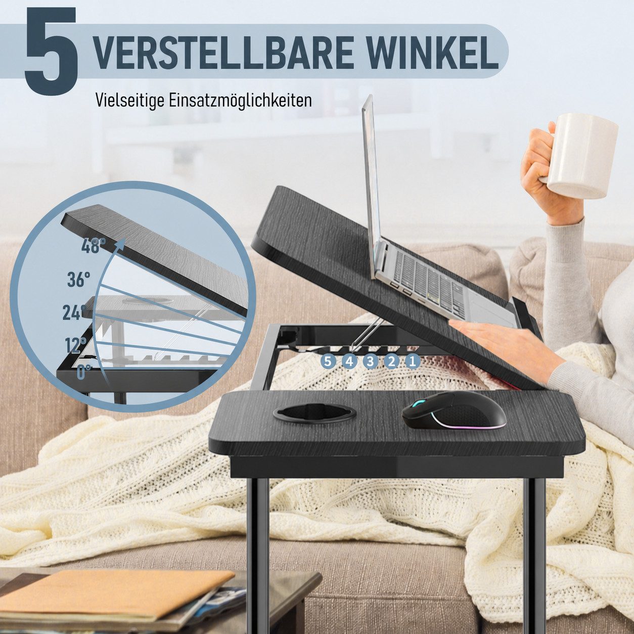 Huracan Laptoptisch Klappbar Lapdesk mit Cup,Slot und Rutschfest (Laptop Tisch für Bett 5-Stufen Neigungsregelung, Betttisch), Laptop ständer Bett Notebooktisch für Studium