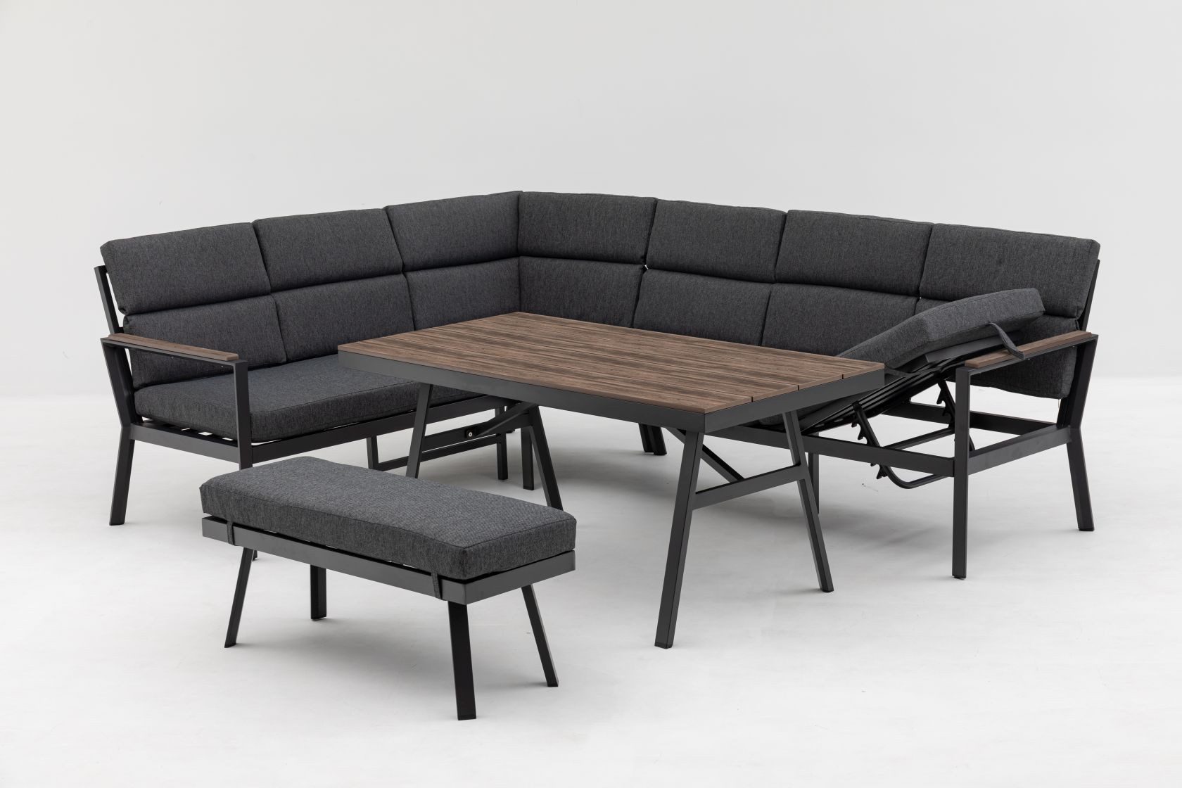 Gardissimo Gartenlounge-Set Nara Oak links / Gartenmöbelset / Nonwood Dining Eck Lounge Set, (Set, 3-tlg., Alu, Ecklounge, Esstisch, Bank, inkl. Auflagen), Dining Höhe, Liegefunktion, wetterfest