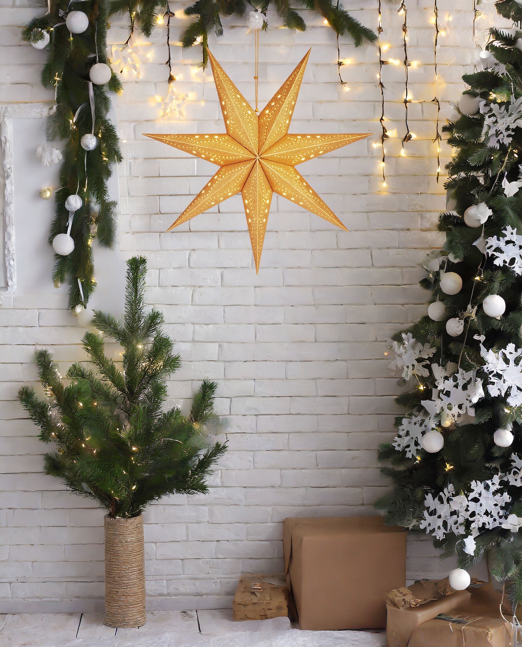 BRUBAKER LED Stern 3D Weihnachtsstern zum Aufhängen - LED Papierstern mit Timer, Batteriebetrieben und Beleuchtet, LED fest integriert, Warmweiß, 60 cm Adventsstern mit modernem Muster - Leuchtstern Deko Weihnachten