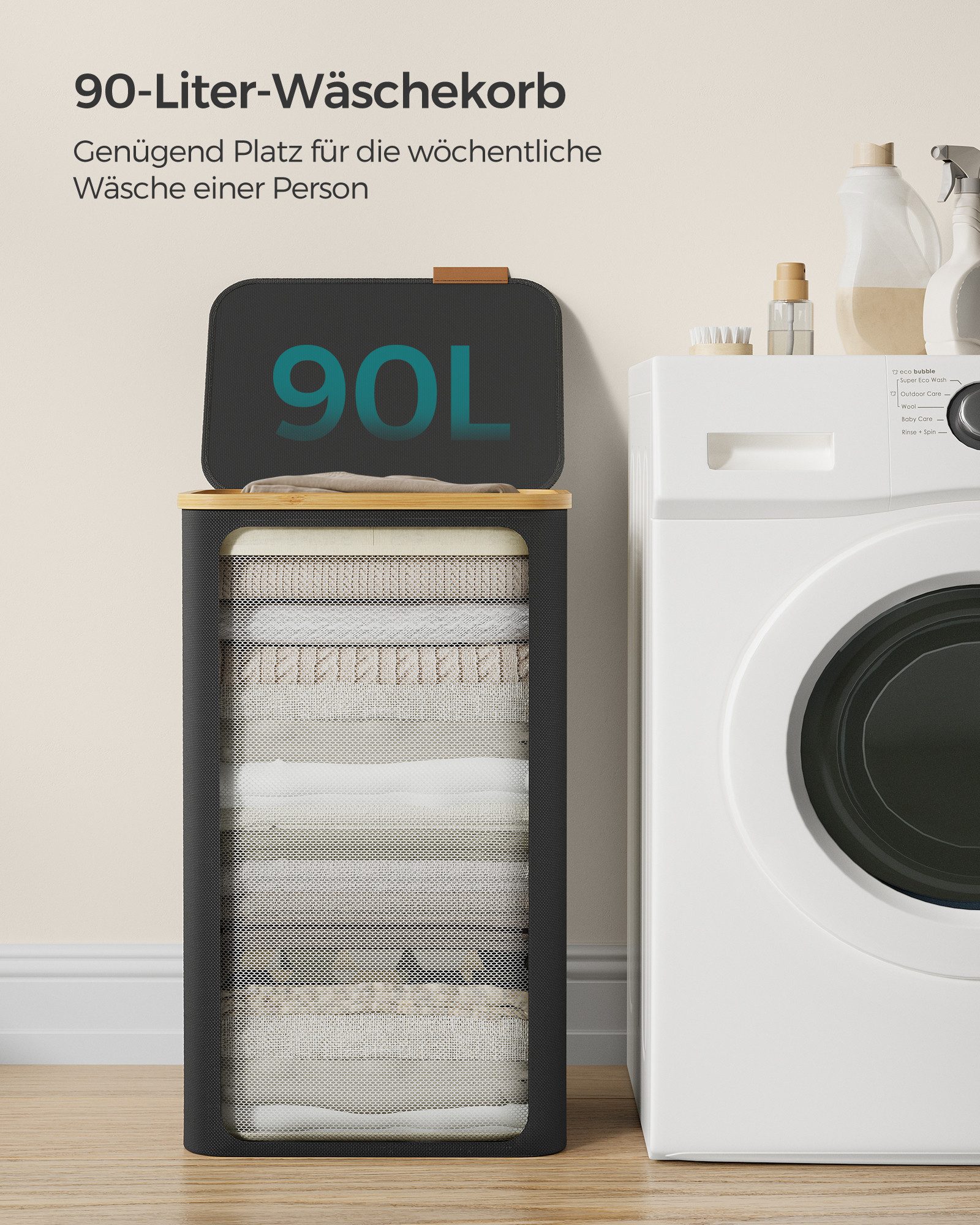 SONGMICS Wäschekorb mit Deckel, herausnehmbarer Wäschesack, Griffe aus Bambus, mit Deckel, 90 L, herausnehmbarer Wäschesack, Griffe aus Bambus