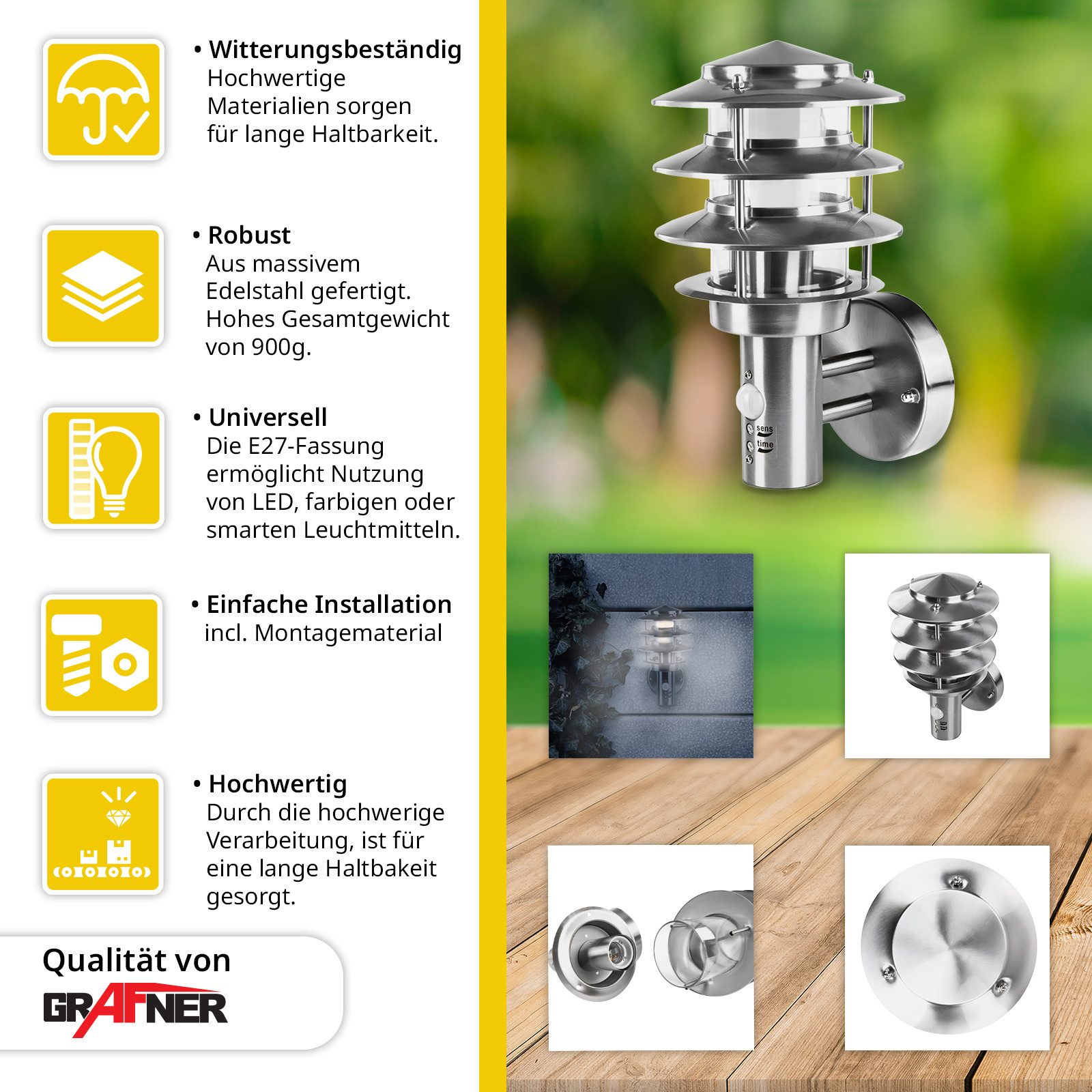 Grafner Außen-Wandleuchte Grafner Wandlampe Edelstahl mit Bewegungsmelder, günstig online kaufen