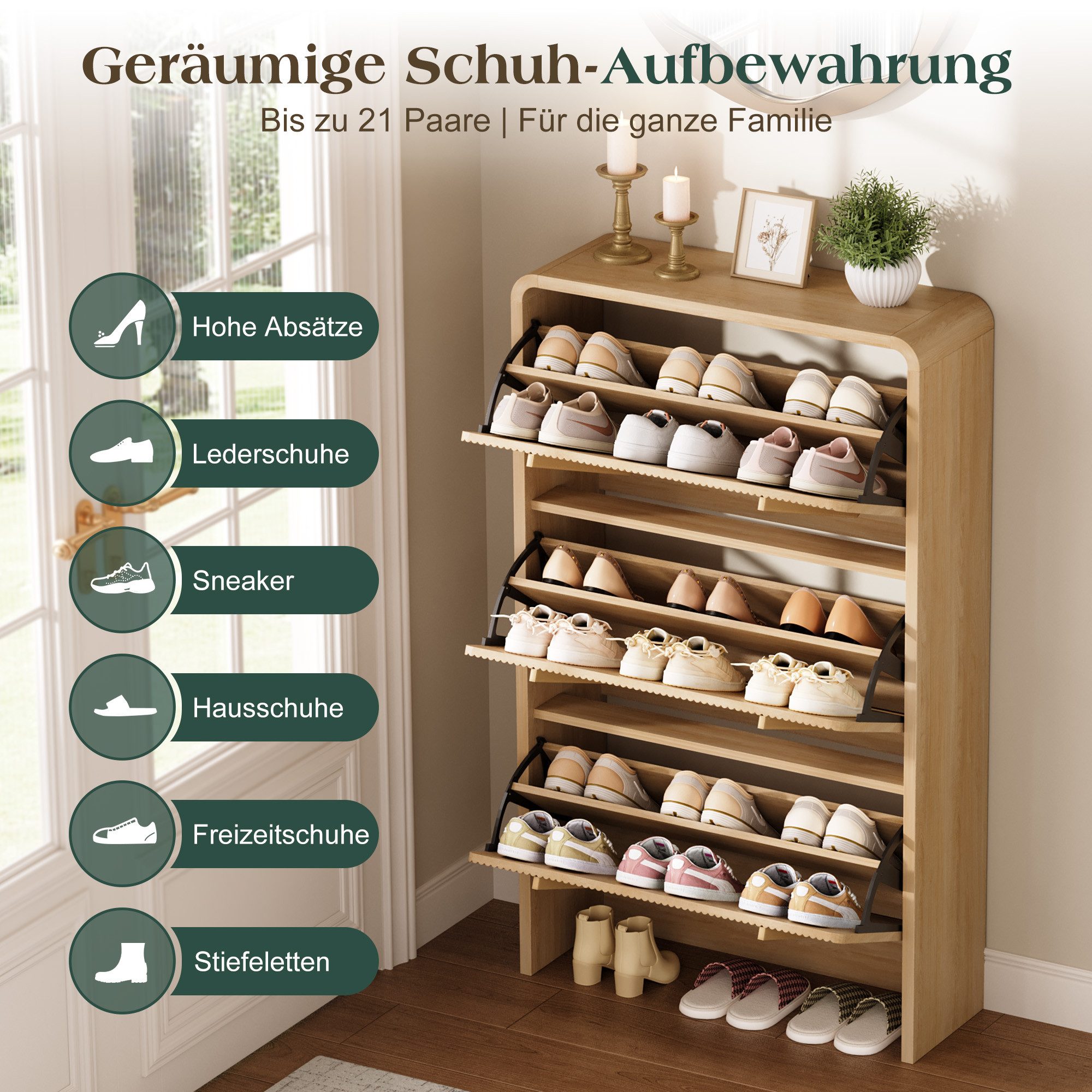 AMERLIFE Schuhschrank mit 3 Klappenfächern, Rillenfront in Naturholzoptik (1-St) höhenverstellbar