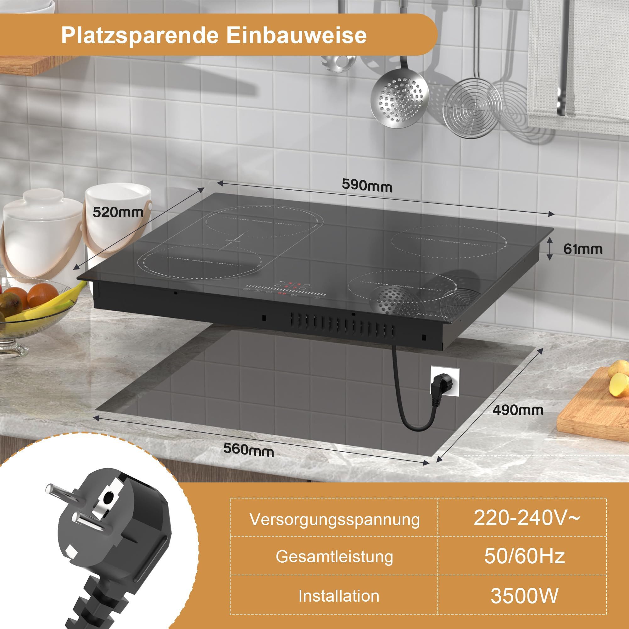 NOXTON Induktions-Kochfeld 60 cm Flexzonen mit Stecker, 4 Platten mit Schieberegler, Timer, Pausenfunktion, Kindersicherung, 3500W, 220-240V