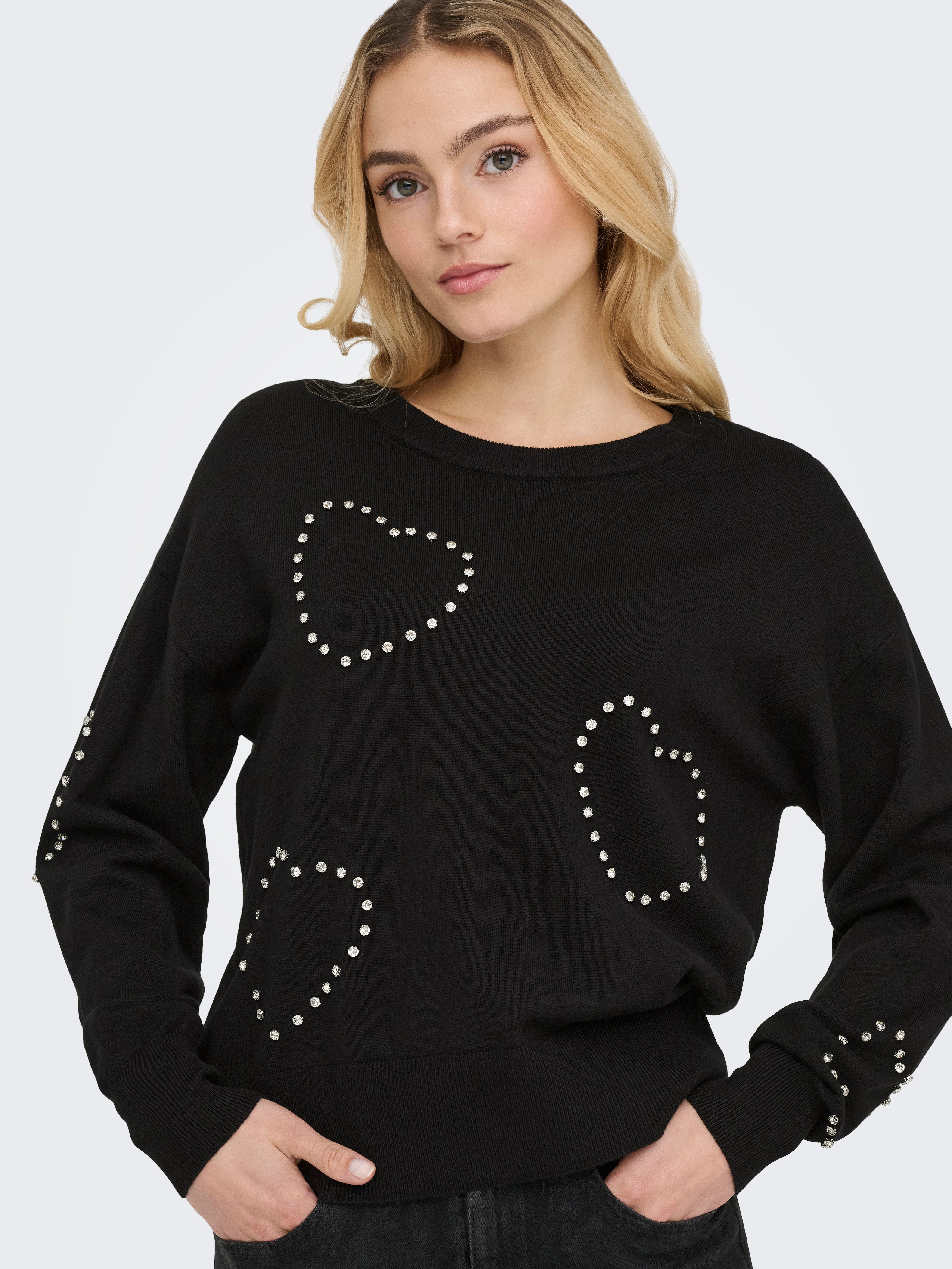 ONLY Rundhalspullover ONLBEE LS HEART BLING O-NECK CC KNT mit Glitzersteinen