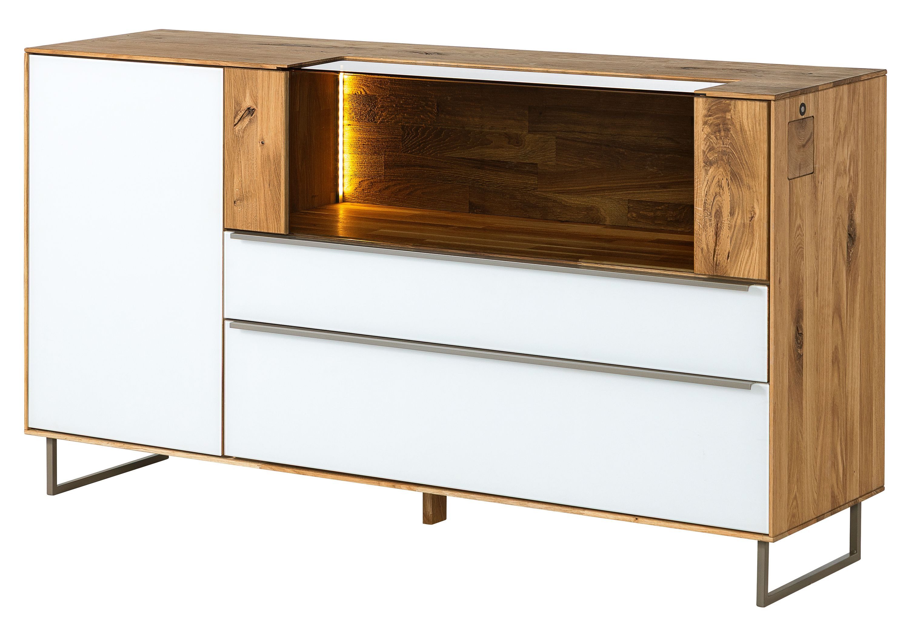 Massivmoebel24 Sideboard WIEN (Massivholz), Wildeiche 160x43x87 natur geölt / Glas weiß WIEN #120