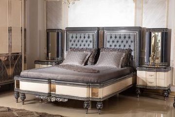 Casa Padrino Bett Casa Padrino Luxus Barock Schlafzimmer Set Hellblau / Beige / Schwarz / Gold - 1 Barock Doppelbett mit Kopfteil & 2 Barock Nachtkommoden - Luxus Schlafzimmer Möbel im Barockstil - Barock Interior