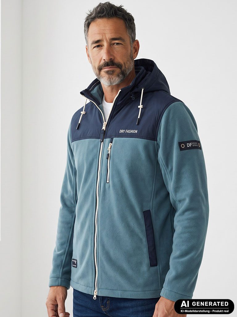 Dry Fashion Fleecejacke Tallin Herren Jacke Fleece mit Windstopp - Übergangsjacke mit Kapuze Verstellbare & abnehmbare Kapuze, 2-Wege-Reißverschluss, Taschen