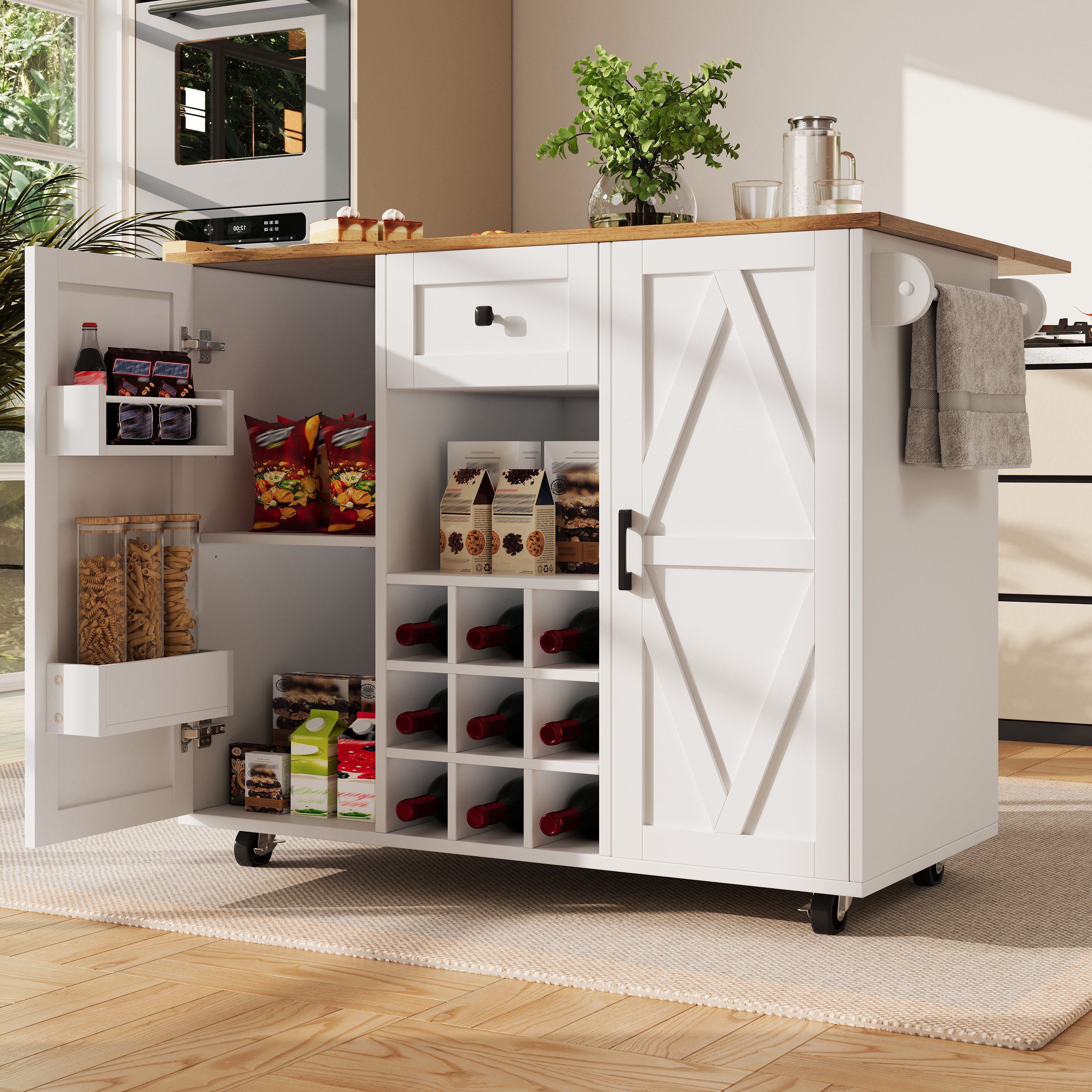 i@home Kücheninsel Küchenwagen auf Rollen Ausklappbare Tischplatte, (3-fach Höhenverstellbare Trennwände), Servierwagen Weinregal & Snackregal, Schublade für Küche & Esszimmer