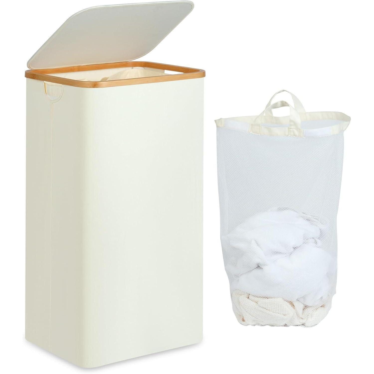 LuxusKollektion Wäschebox Wäschekorb Deckel Bambus Henkel Innentasche Wäschebox Beige 100 Liter