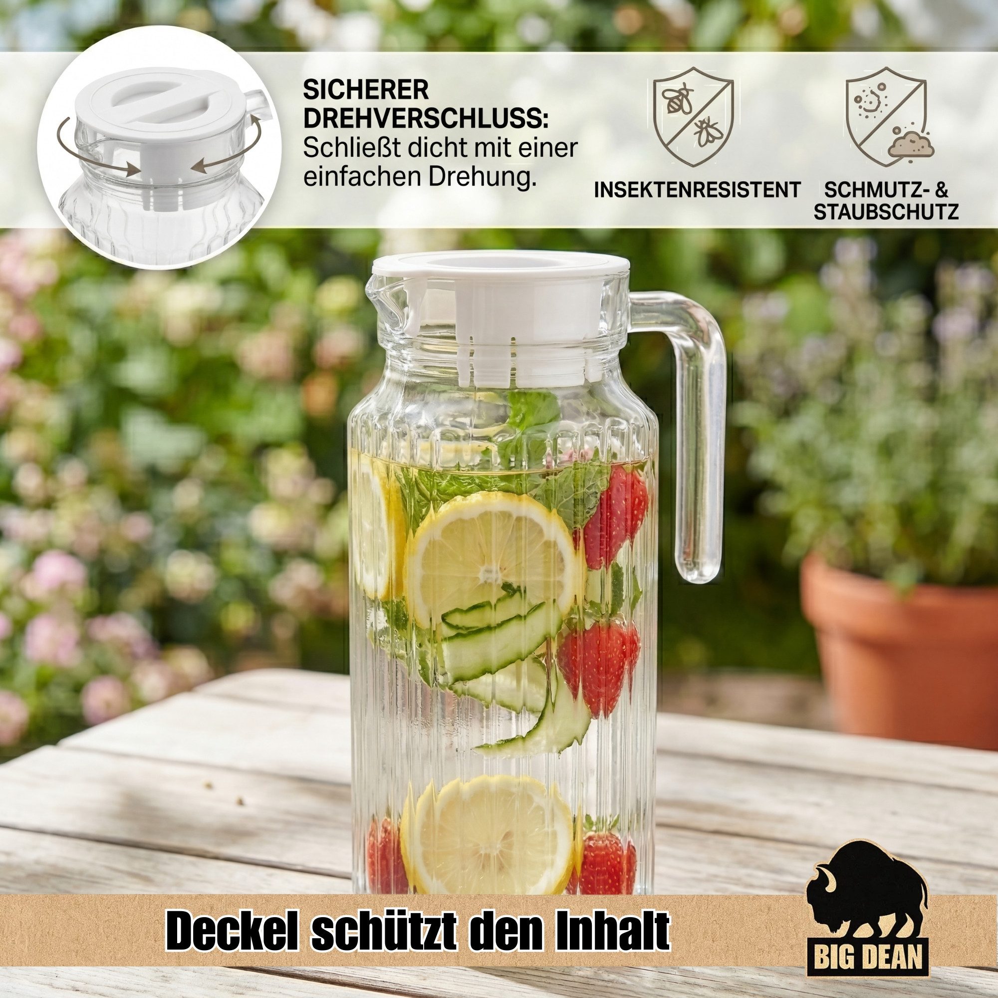 BigDean Wasserkrug Kühlschrankkrug 1,1 Liter Glaskrug mit Deckel, (Packung, 1-tlg., Wasserkaraffe), Feststizender Deckel, Schlanke Form, Robustes Borosilikatgla – Bild 5 von 5