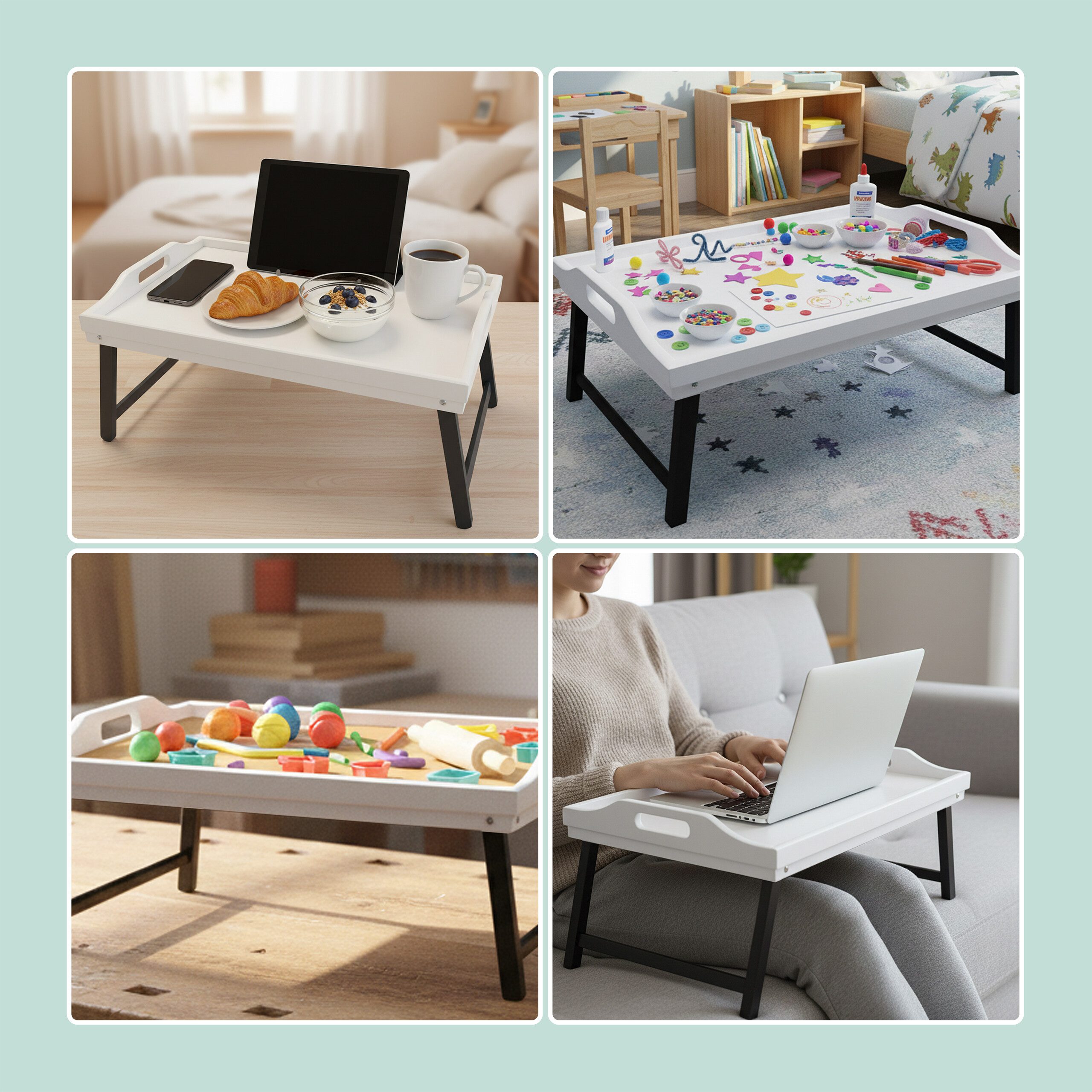 relaxdays Tabletttisch Betttablett aus Bambus, Weiss-grau