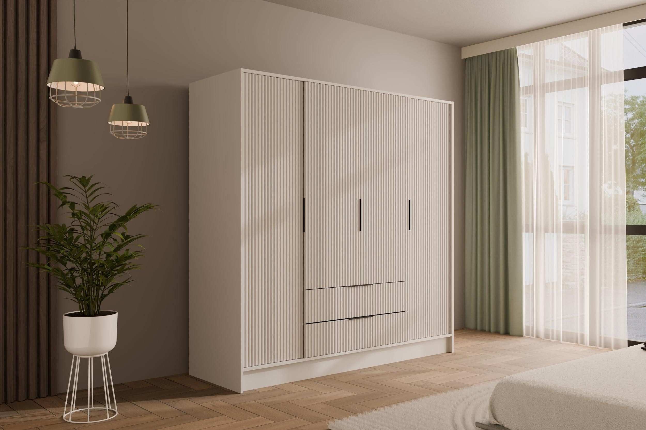 ALTDECOR Drehtürenschrank NOA (Kleiderschrank Garderobenschrank mit viel Stauraum, Moderner Schrank) Vielseitiger Drehtürenschrank Spiegeltüren Spiegel Geriffelte Fronten