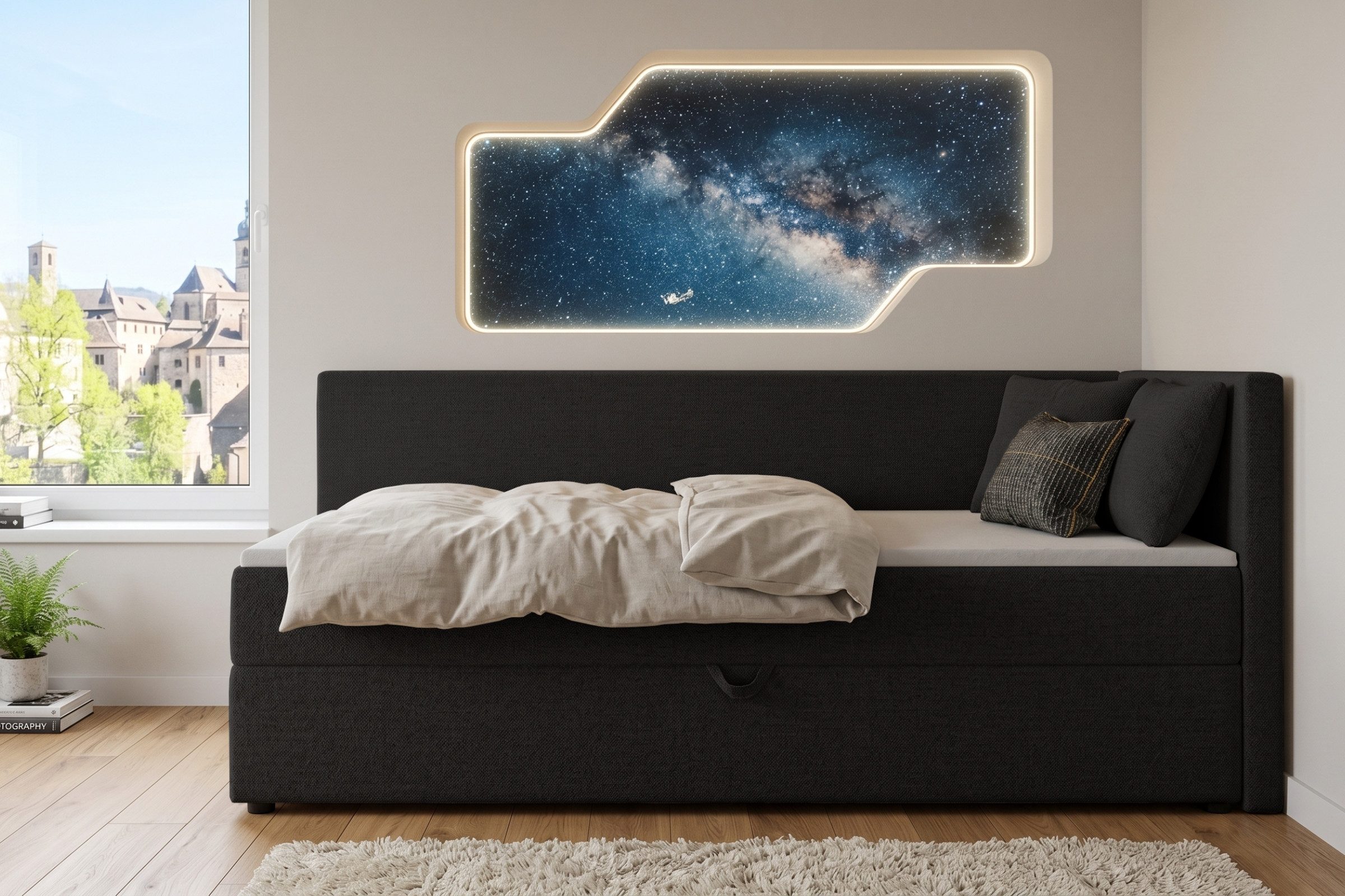Deine Möbel 24 Boxspringbett NEVY, Tagesbett mit Bettkasten, Kopfteil rechts oder links wählbar (ideal für Jugendliche & Erwachsene, 1-St., Jugendbett ideal als Tagesbett und Schlafplatz), Boxbett 90x200 100x200, in Creme, Grau, Dunkelgrau, Graphit, Schwarz