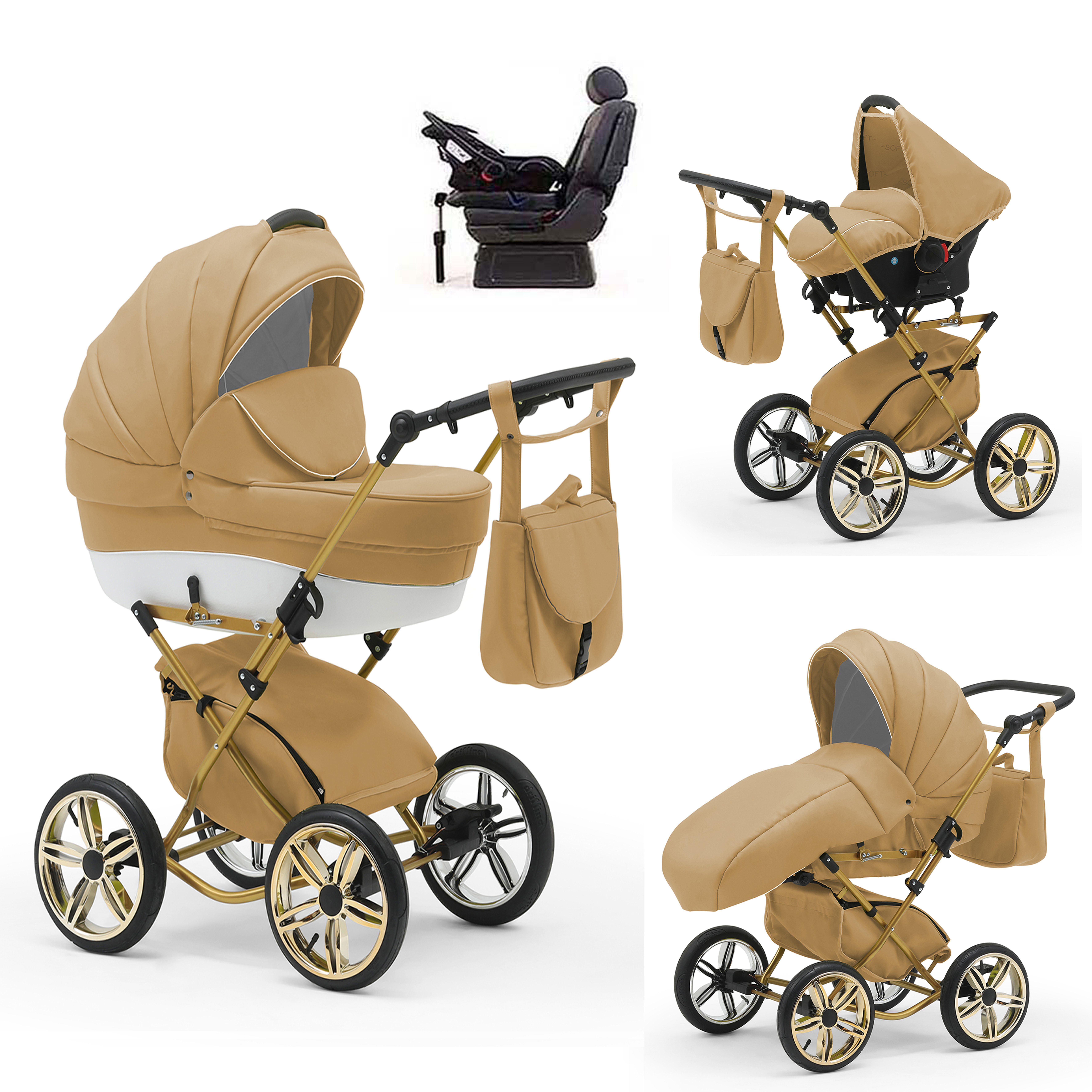 babies-on-wheels Kombi-Kinderwagen Sorento 4 in 1 inkl. Autositz und Iso Base - 14 Teile - in 10 Designs Beige-Weiß | Kombikinderwagen