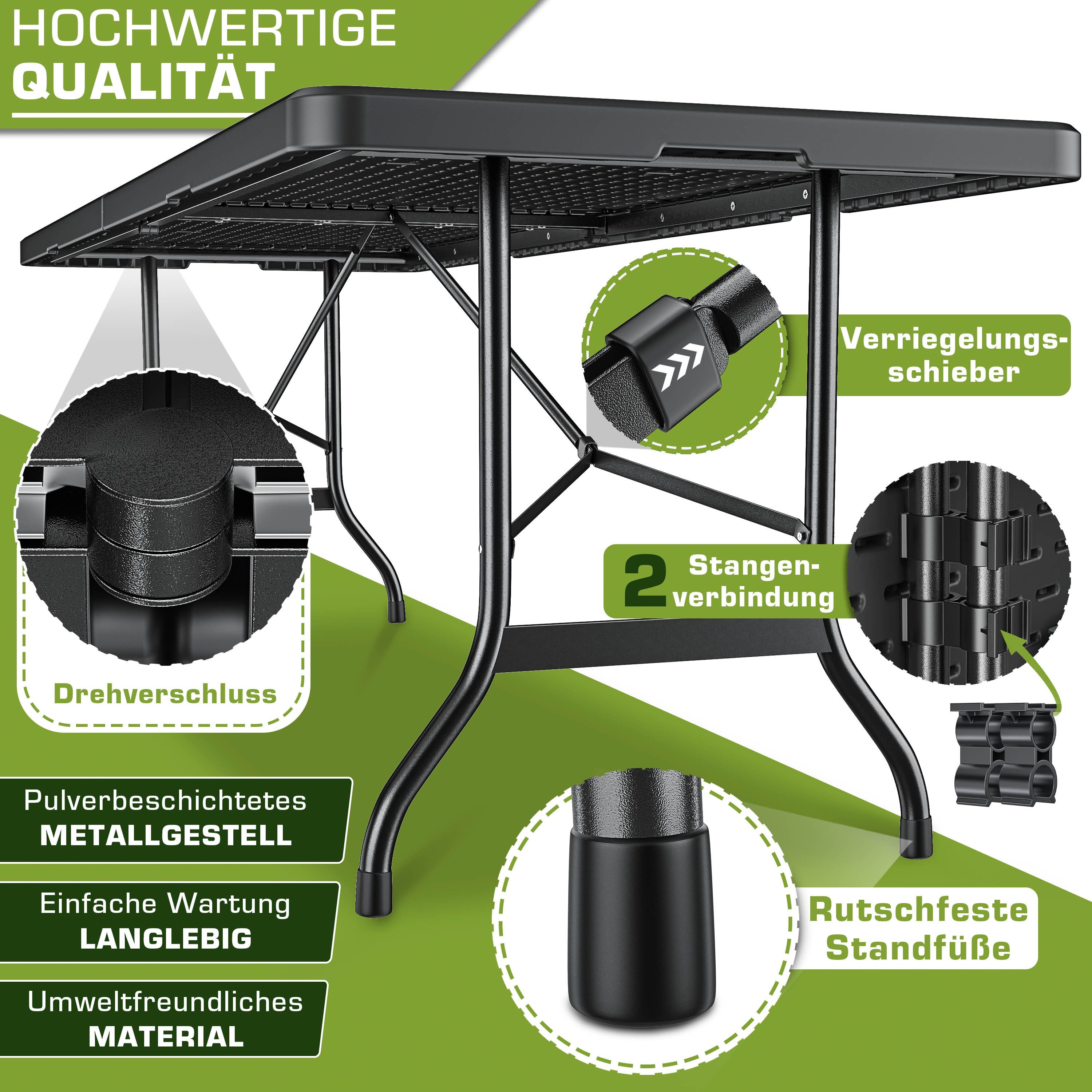 tillvex Gartentisch Gartentisch Buffettisch klappbar Kunststoff 180x75cm, Klapptisch mit Tragegriff Garten Terrasse und Balkon, Campingtisch – Bild 4 von 5