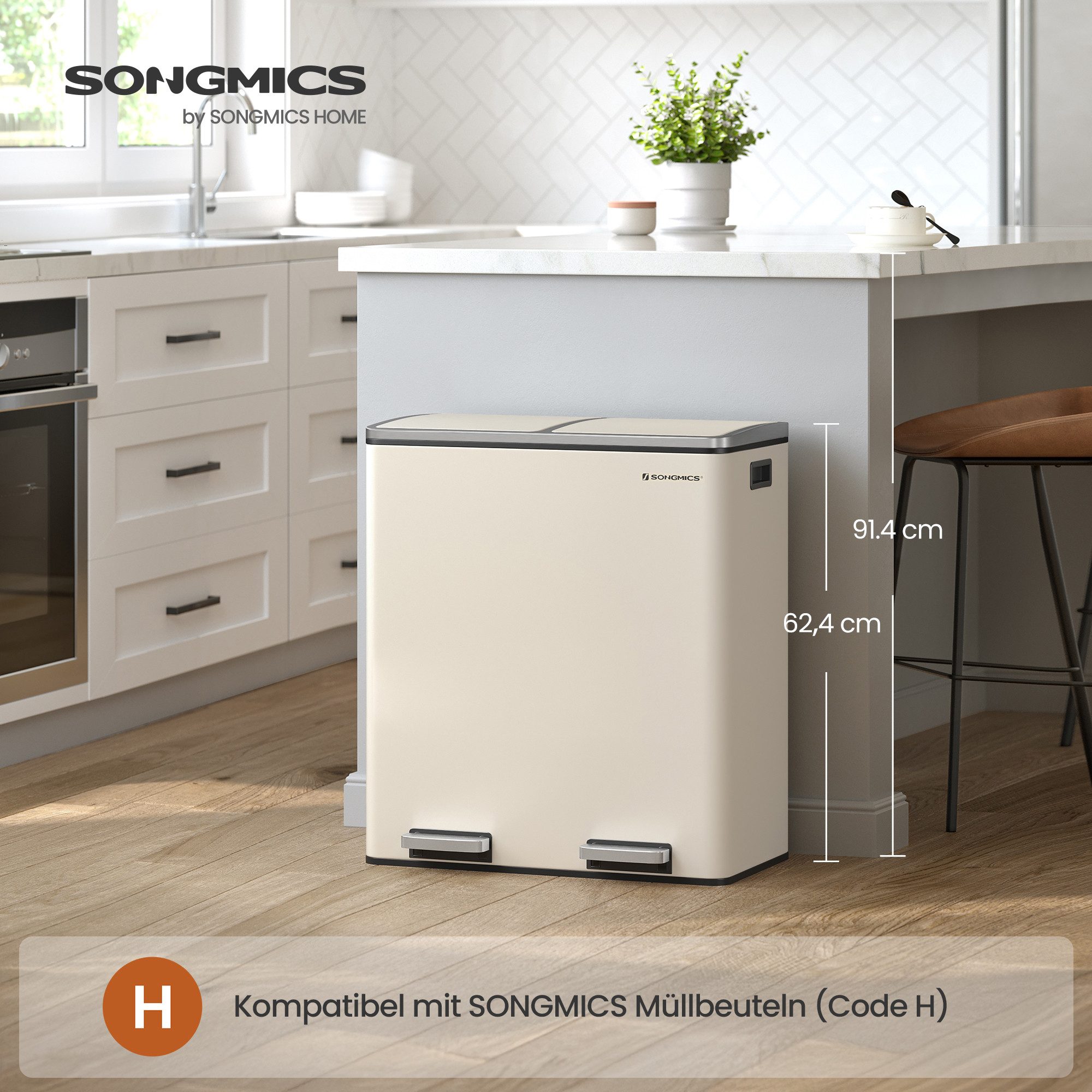 SONGMICS Mülleimer Mülltrennsystem 2x15L 2x30L, Abfalleimer, 30L 60L, ergonomisch, Stahl, Metall-Fußreling