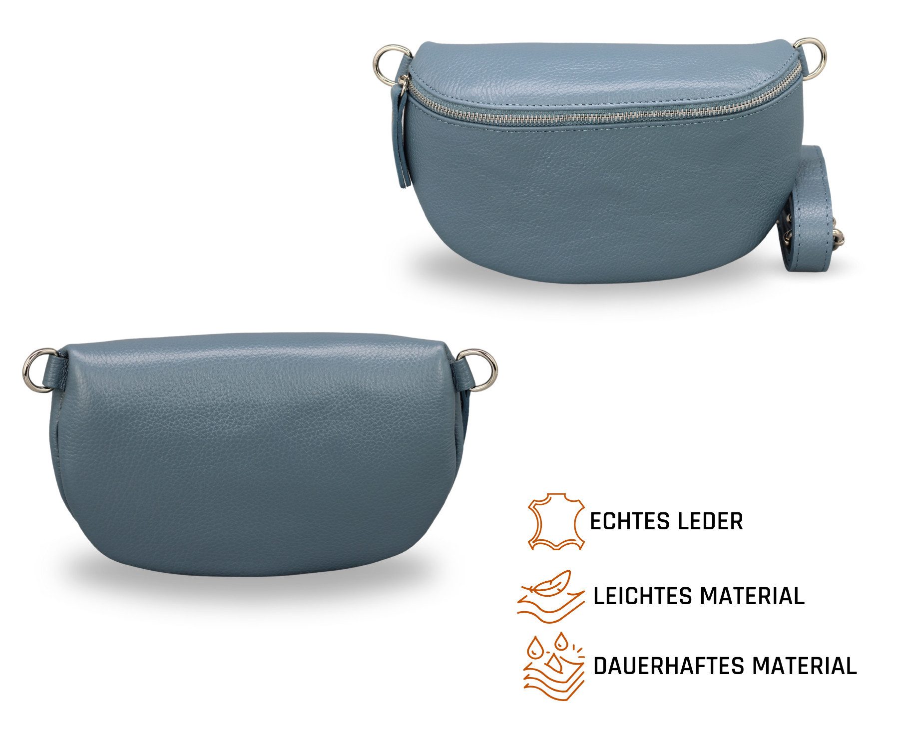 Adel Bags Gürteltasche Bauchtasche Damen Leder, Umhängetasche, Echtes Leder, Jeansblau, hergestellt in Italien, mit 2 Riemen