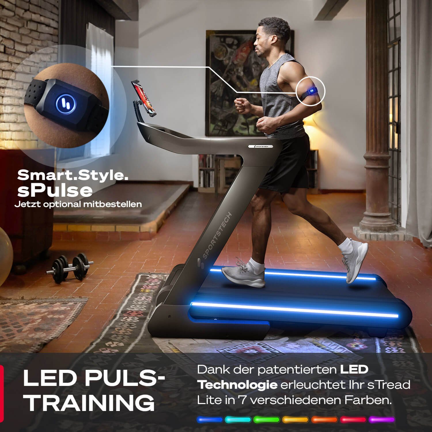 Sportstech Laufband sTread Lite, Bis 20 km/h, 15 Stufen, 16% Steigung, klappbar, Tablethalterung