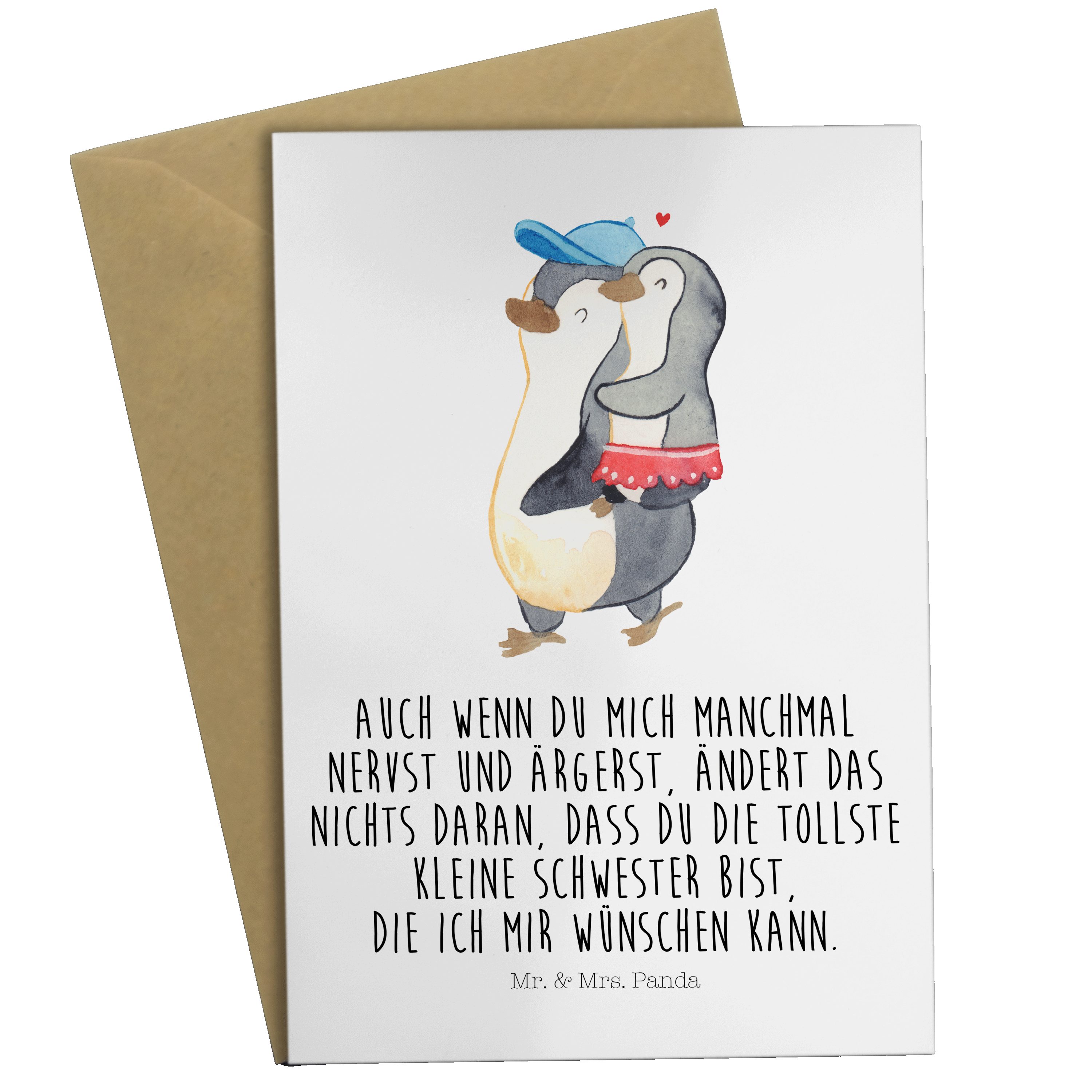 Mr. & Mrs. Panda Grußkarte Pinguin Kleine Schwester - Weiß - Geschenk, Oma, Tochter, Karte, Hoch