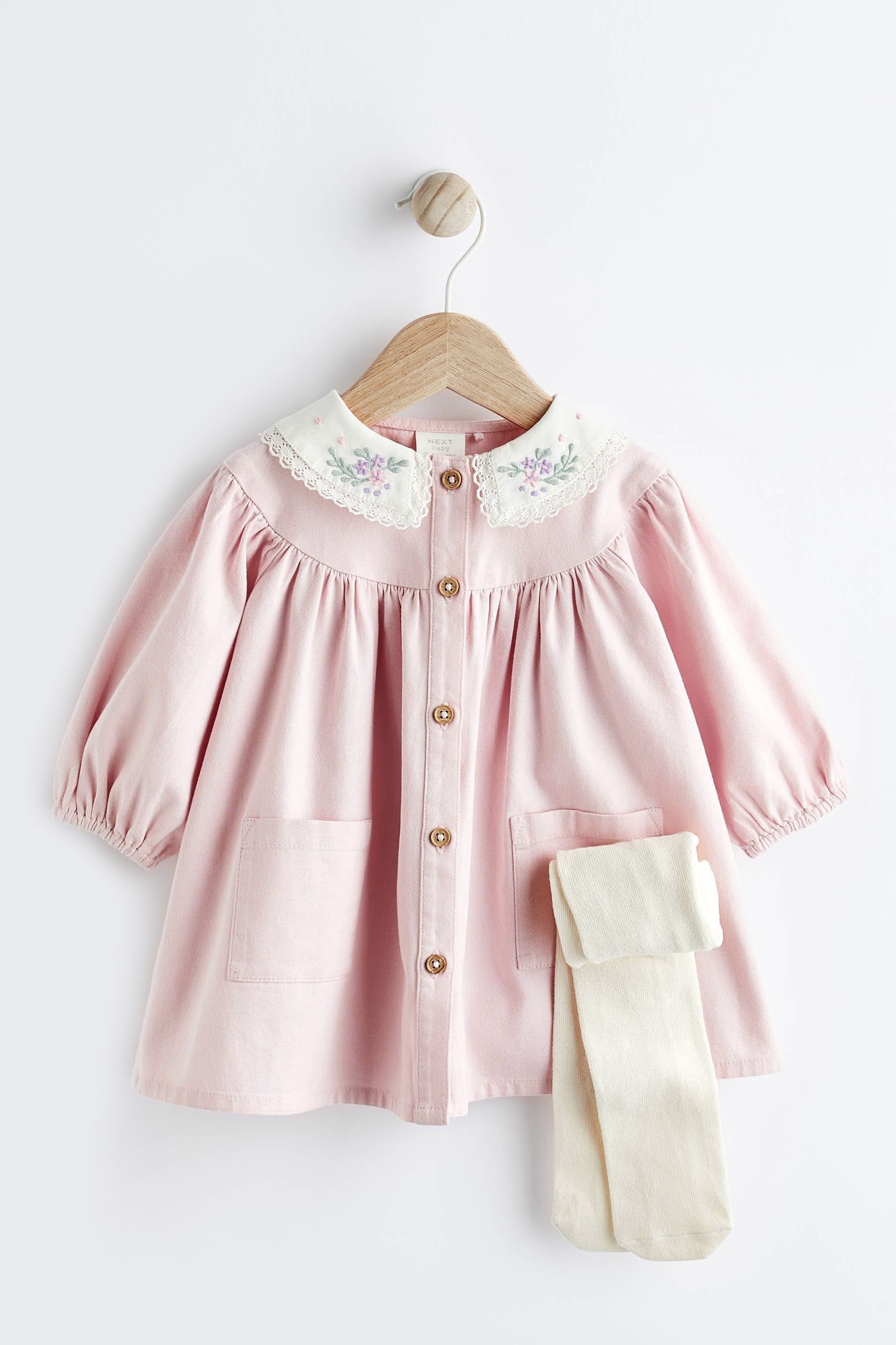 Next Kleid & Leggings Babykleid aus Webstoff mit Kragen und Strumpfhosen (2-tlg) | Kleider-Sets