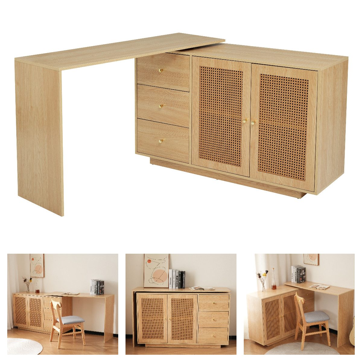 IDEASY Eckschreibtisch Mehrzweck-Schreibtisch, L-förmiger Eck-Computertisch, Sideboard (Bürotisch mit Rattantüren, Frisiertisch mit 360° Schwenkfunktion), 126 x 60 x 75 cm ecktisch Mit zwei Türen und drei Schubladen