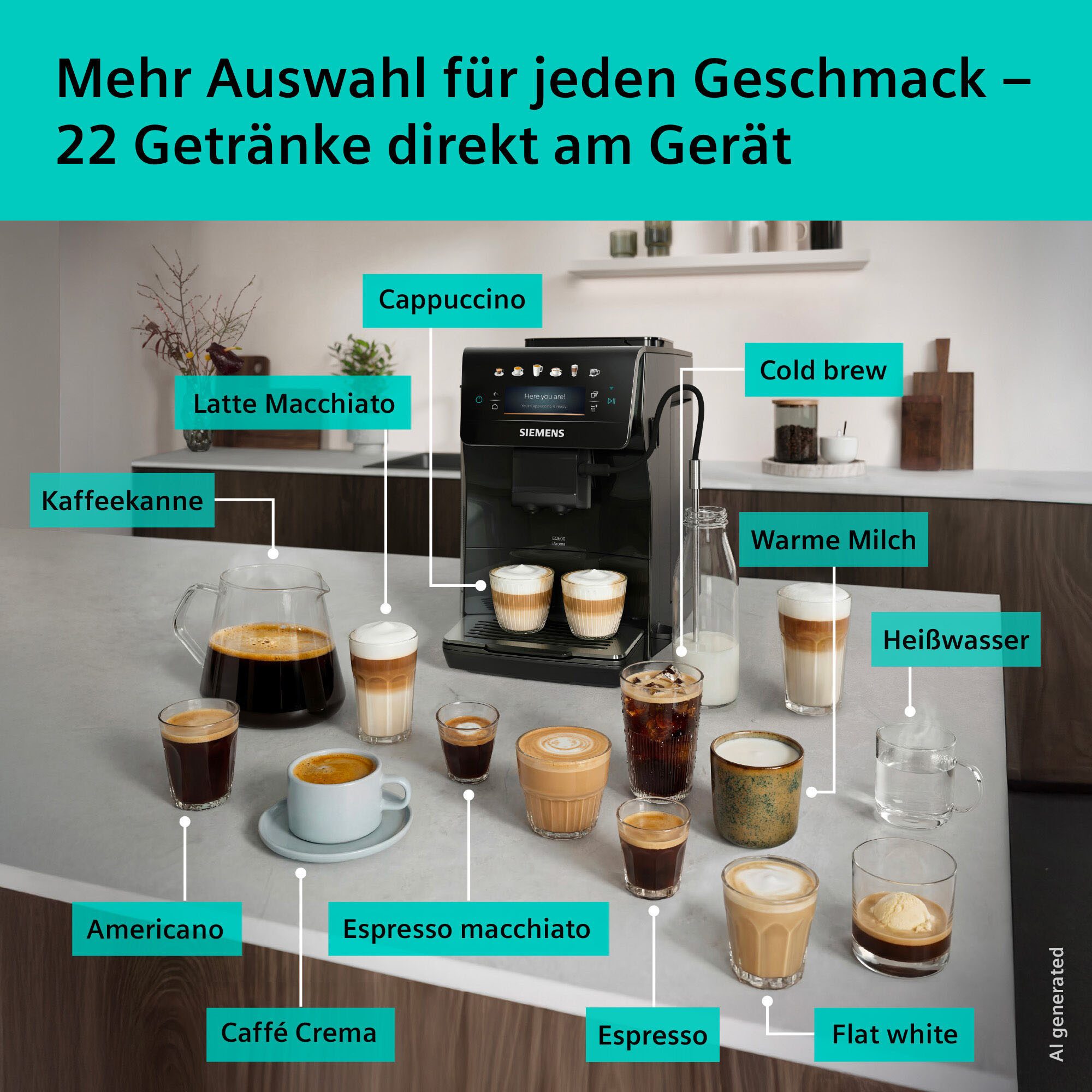 SIEMENS Kaffeevollautomat EQ600 TP601E09, 6 Getränke, XL-Getränke, bis zu 480ml, Kannenfunktion, Doppeltassenfunktion,Keramikmahlwerk, entnehmbare Brüheinheit, Schwarz