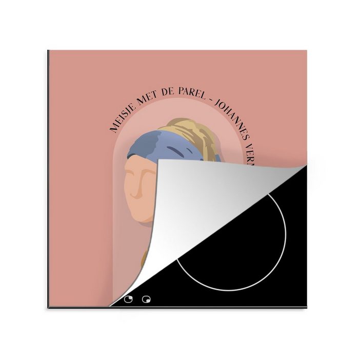 MuchoWow Herdblende-/Abdeckplatte Pastell - Mädchen mit Perlenohrring - Rosa - Alte Meister Vinyl (1 tlg) Ceranfeldabdeckung Arbeitsplatte für küche