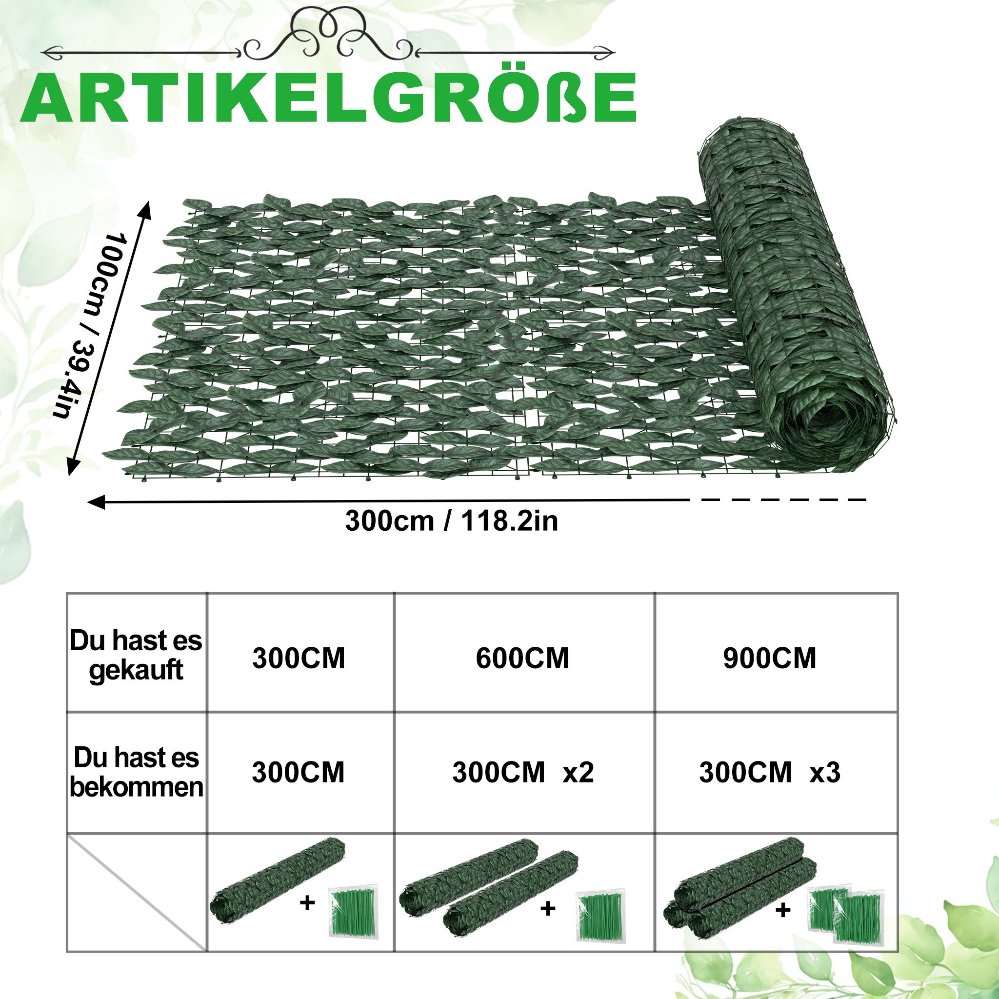 FIVMEN Gartenzaun Künstlicher Efeu Heckenzaun Sichtschutzzaun Erweiterbarer, (1 x 3 m/1 x 6 m /1 x 9 m), Künstliche Hecke für Garten Rankenblatt Dekoration mit Kabelbinder