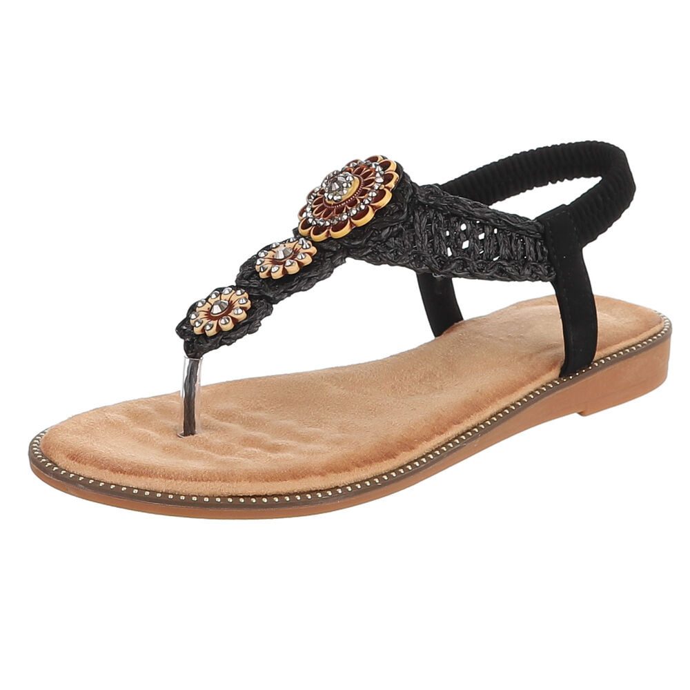 Ital-Design Damen Boho Zehentrenner Sandale mit Schmuckdetails Zehentrenner (91971234) Blockabsatz Riemchensandalen in Schwarz