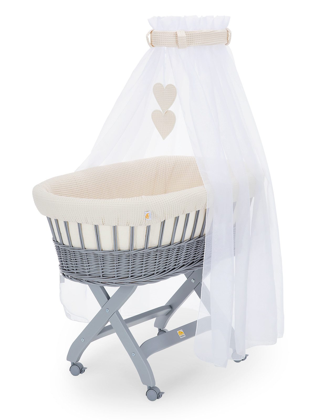 FabiMax Stubenwagen grau lackiert, Komplettset, Musselin & Waffelpiqué, Inkl. Matratze, Nestchen & Schlafsack