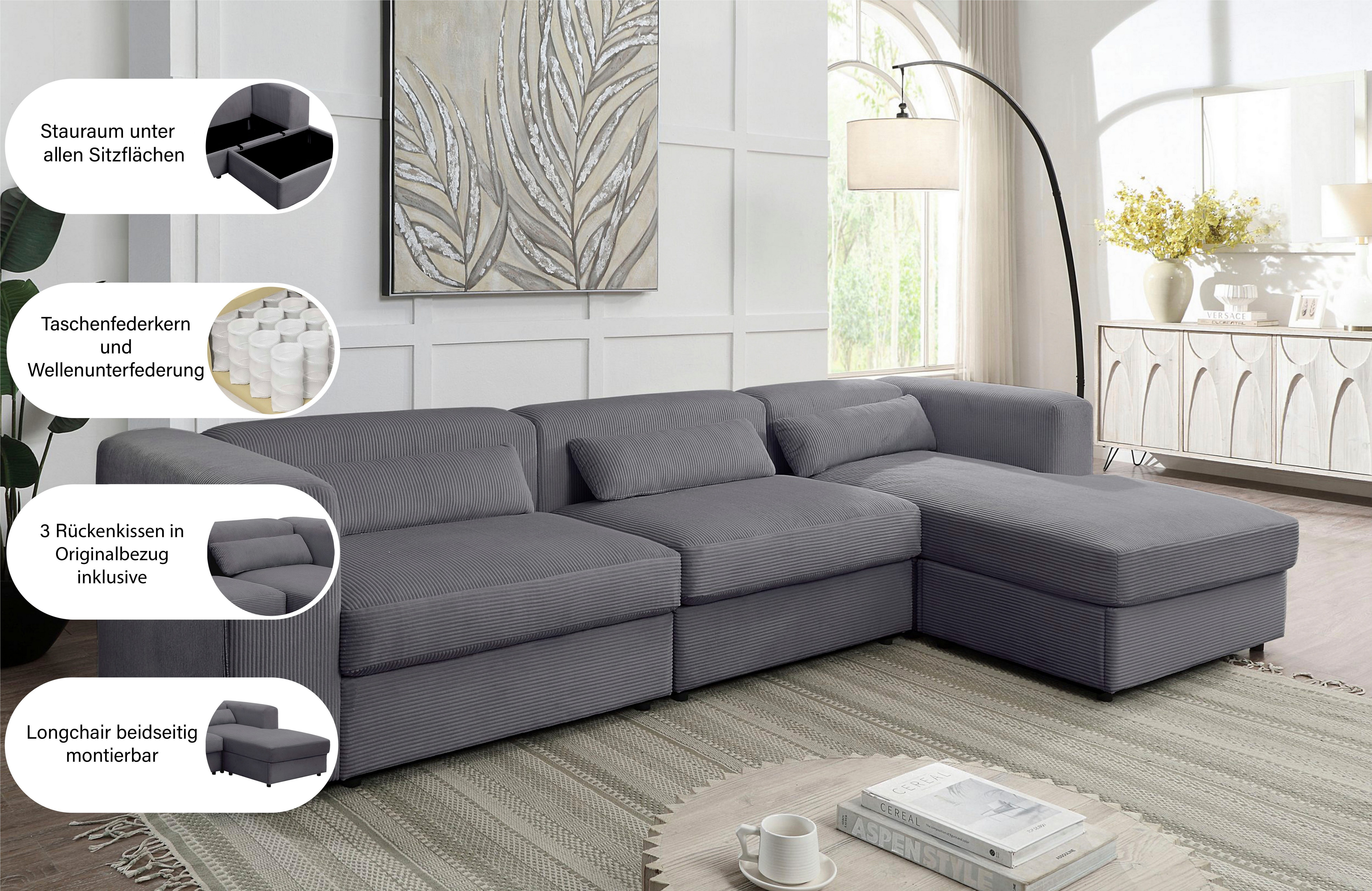 ATLANTIC home collection Ecksofa Uno, L-Form, Breite: 307cm, beidseitig montierbarem Longchair,mit Taschenfederkern, in Cord