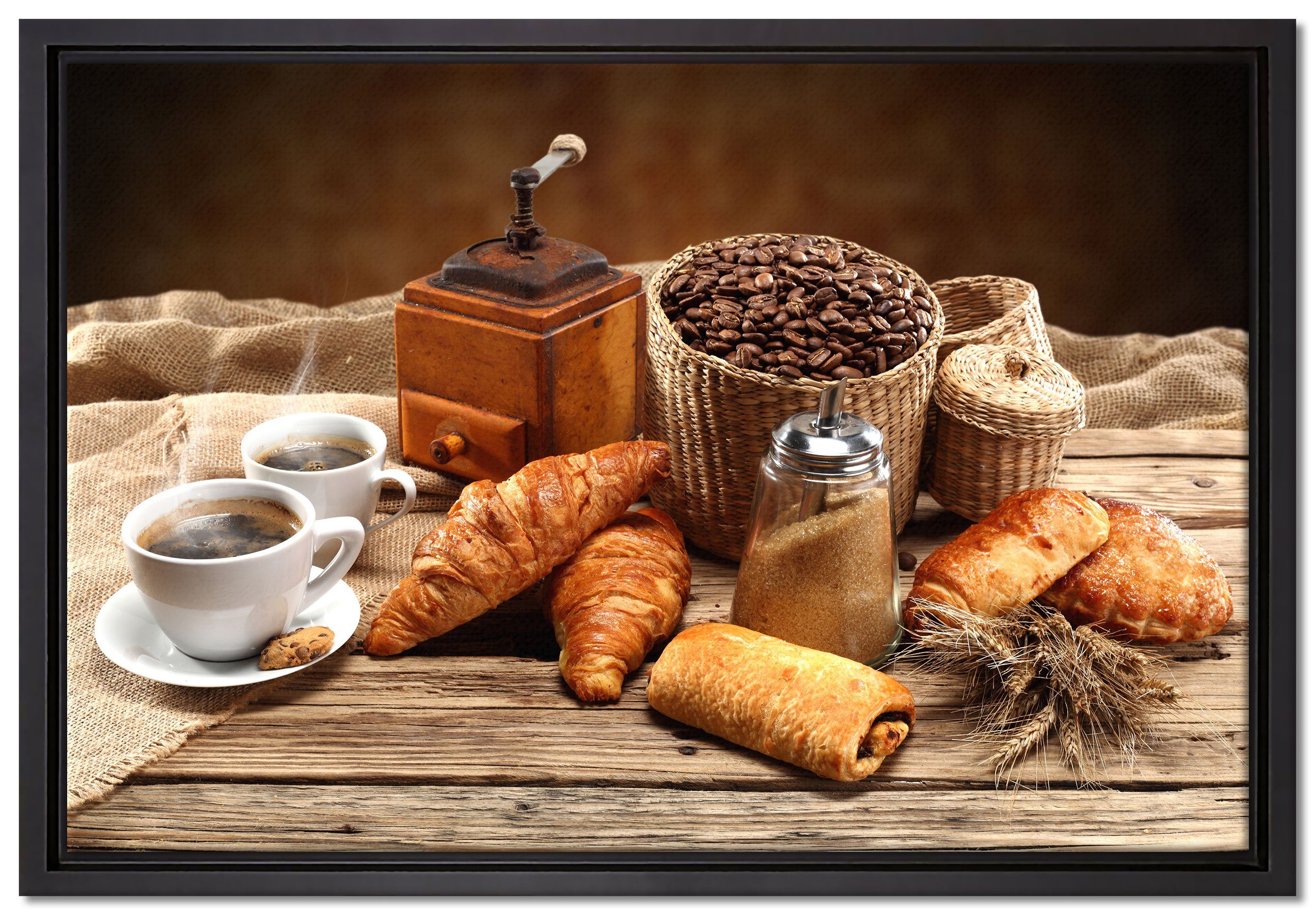 Pixxprint Leinwandbild Aromatischer Kaffee mit Croissant, Wanddekoration (1 St), Leinwandbild fertig bespannt, in einem Schattenfugen-Bilderrahmen gefasst, inkl. Zackenaufhänger