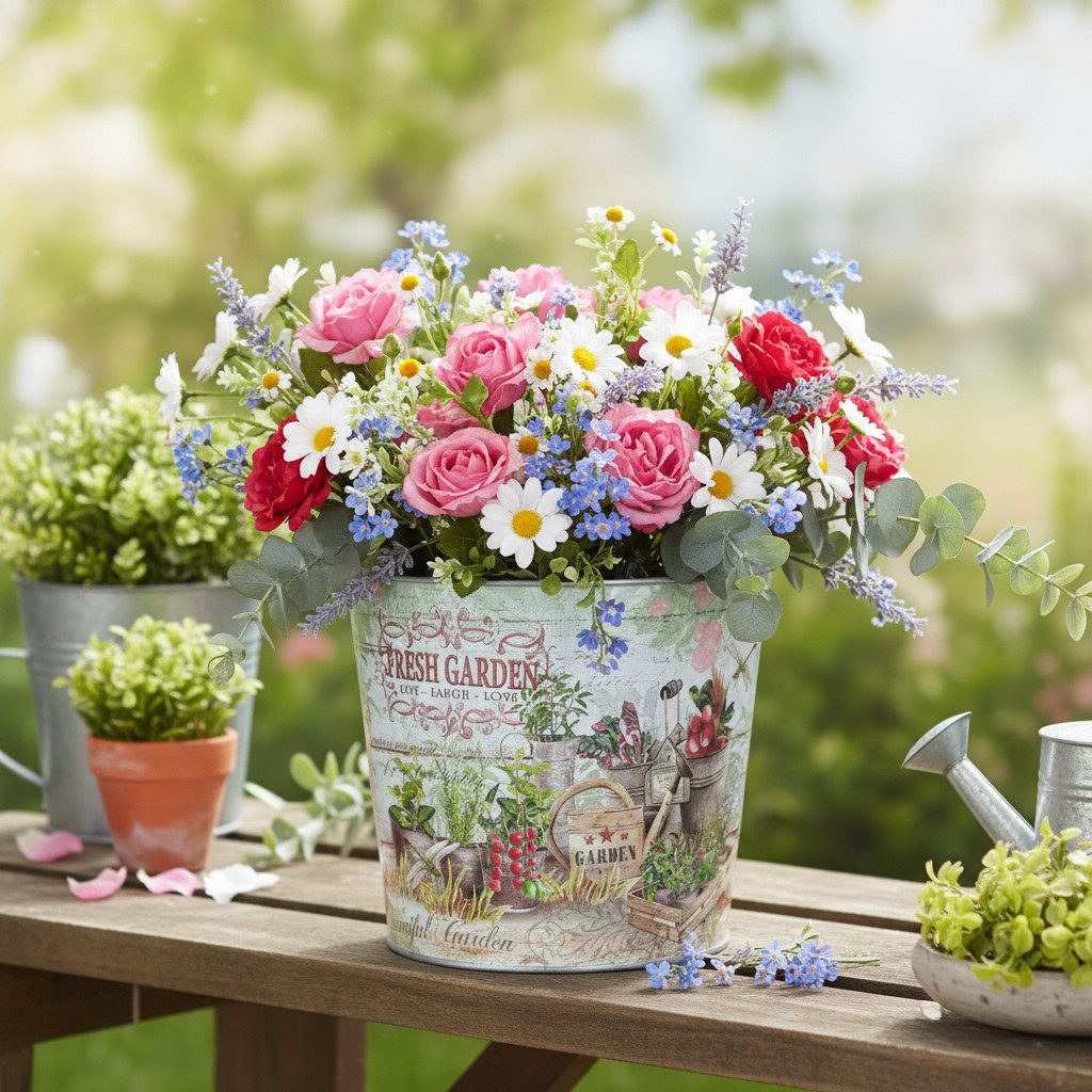 Viana Übertopf Blumenkübel Metall Klein Silber Motiv Fresh Garden 2er Set, 2 Stück