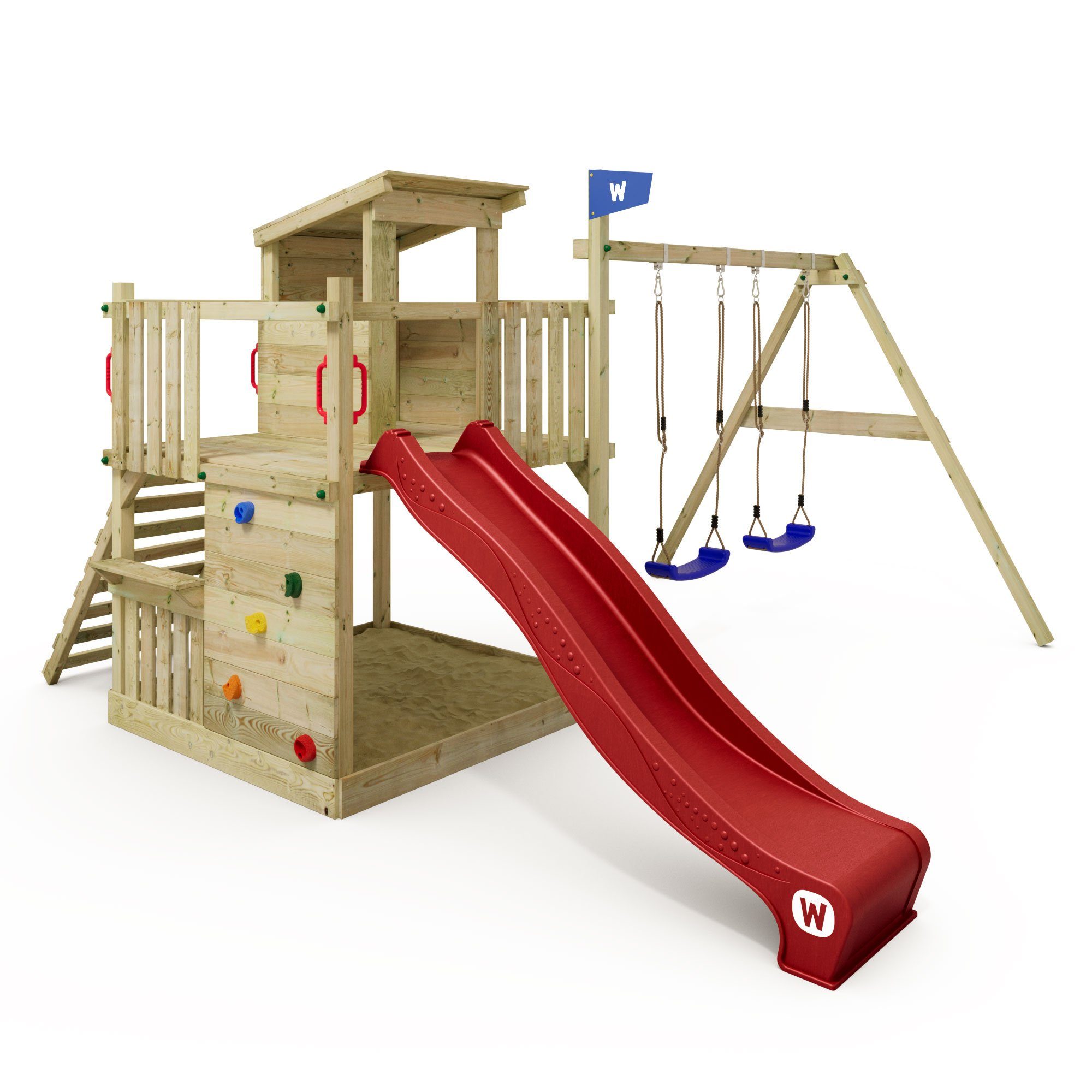 Wickey Klettergerüst Garantie*, Spielhaus mit 10-jahre Smart flachem rot mit Cabin Sandkasten, Sitzbank und Spielturm Holzdach und Rutsche großem