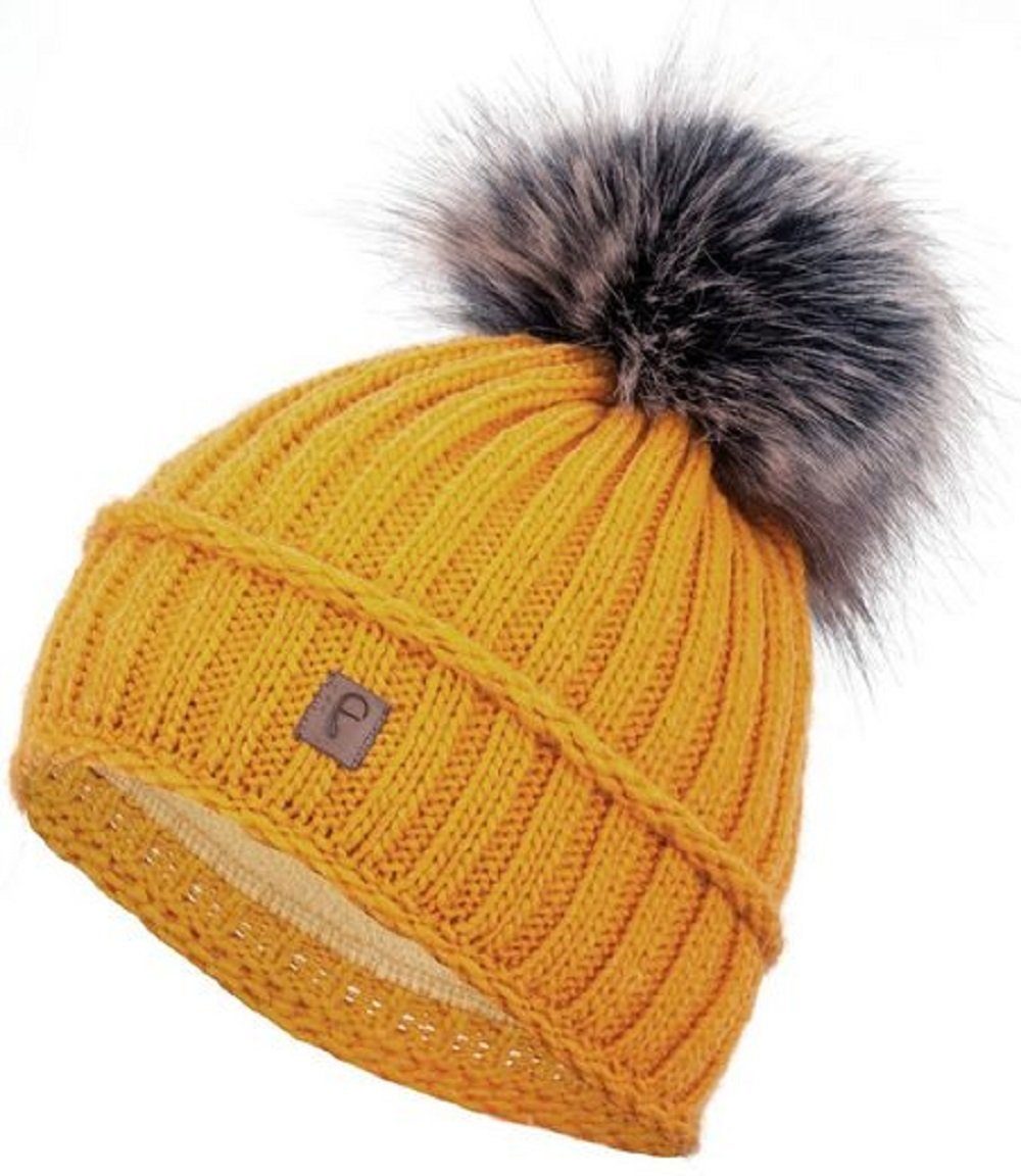 Faera Beanie Wintermütze mit Futter mit Kunstfell Bommel-Mütze Unisex One-Size