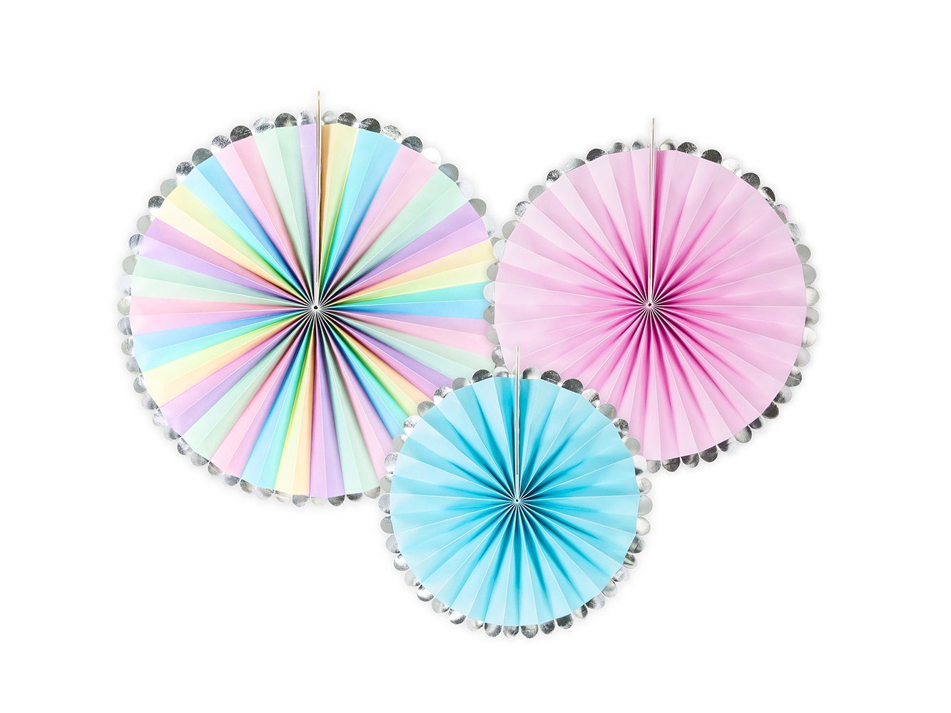 partydeco Papierrosette, Deko Papier Rosetten Einhorn Muster 21-30cm blau rosa 3er Set | Partydekoration