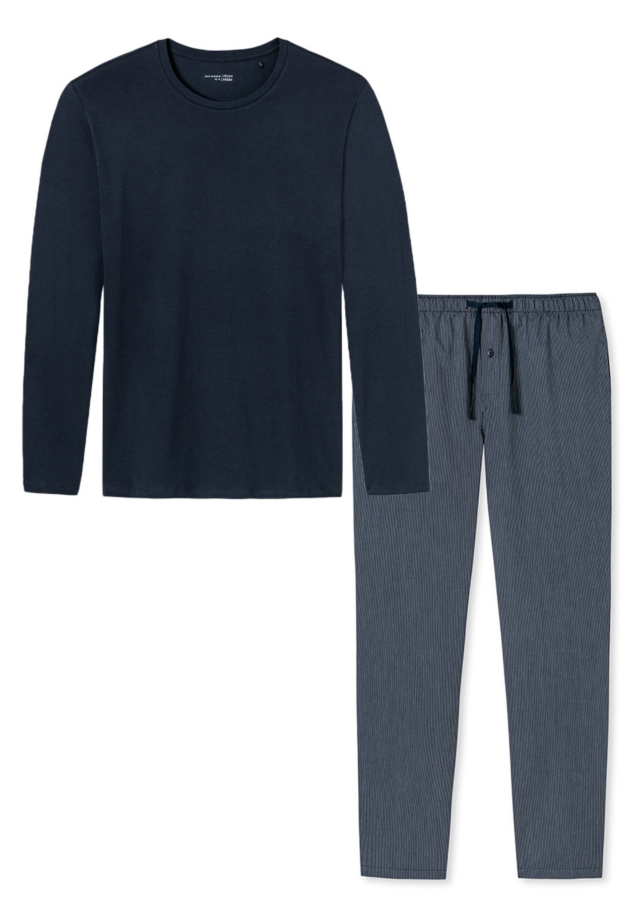 Schiesser Pyjama Mix (Set, 2 - Langarm-Shirt Blau gemustert Schlafanzug Baumwolle tlg) - mit Rundhals-Ausschnitt