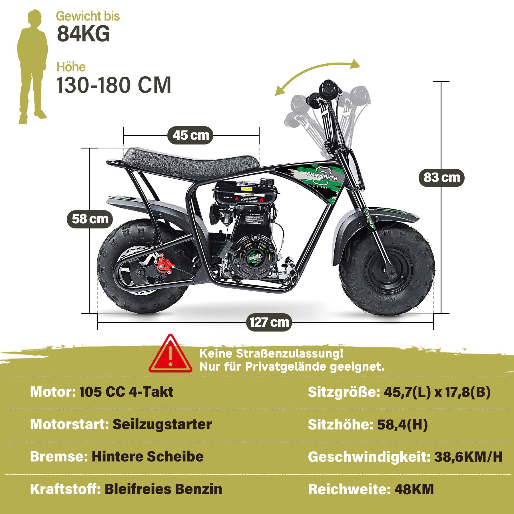 Oryxearth Dirt-Bike Pocket bike Minicross 105cc 20km/h Gasbetriebenes Offroad-Motorrad