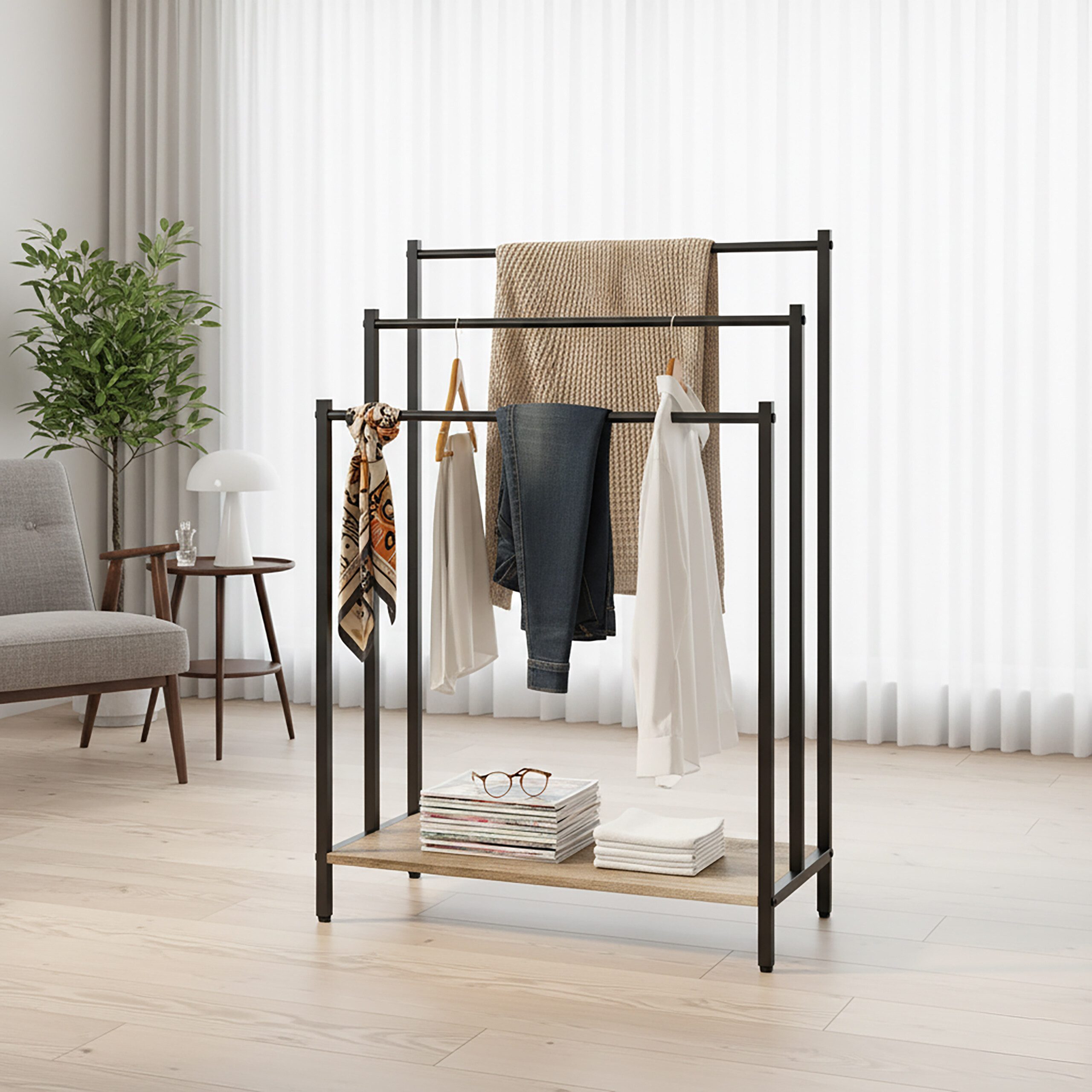 relaxdays Handtuchständer mit Ablage, Holzoptik-Schwarz, L